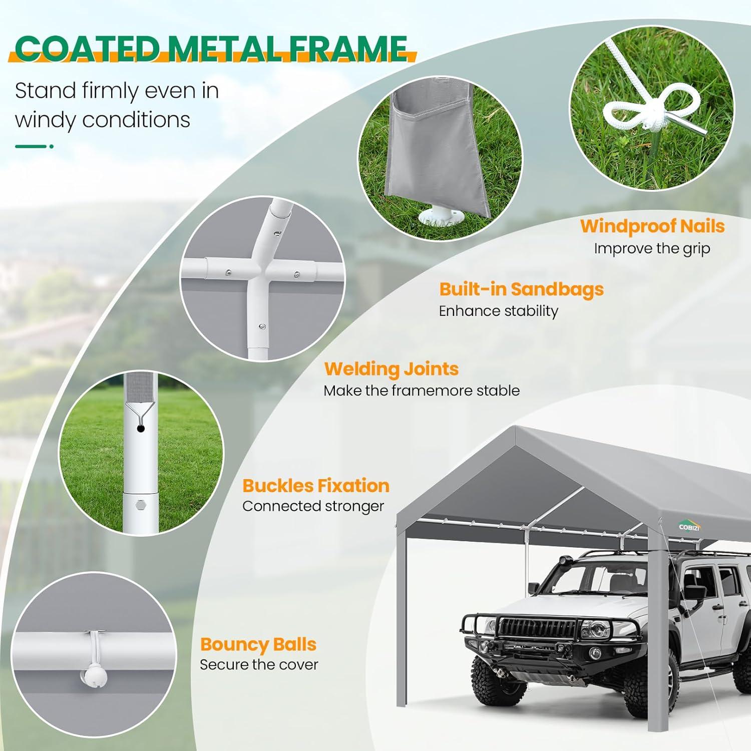 Cobizi Carport 10'x20' Heavy Duty Portable Garage, Upgraded Car Canopy