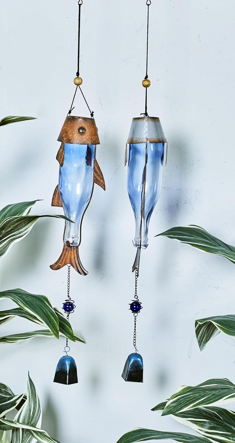 DecMode 32" Blue Metal Fish Windchime with Glass Bottle Body and Beads (2 Count)