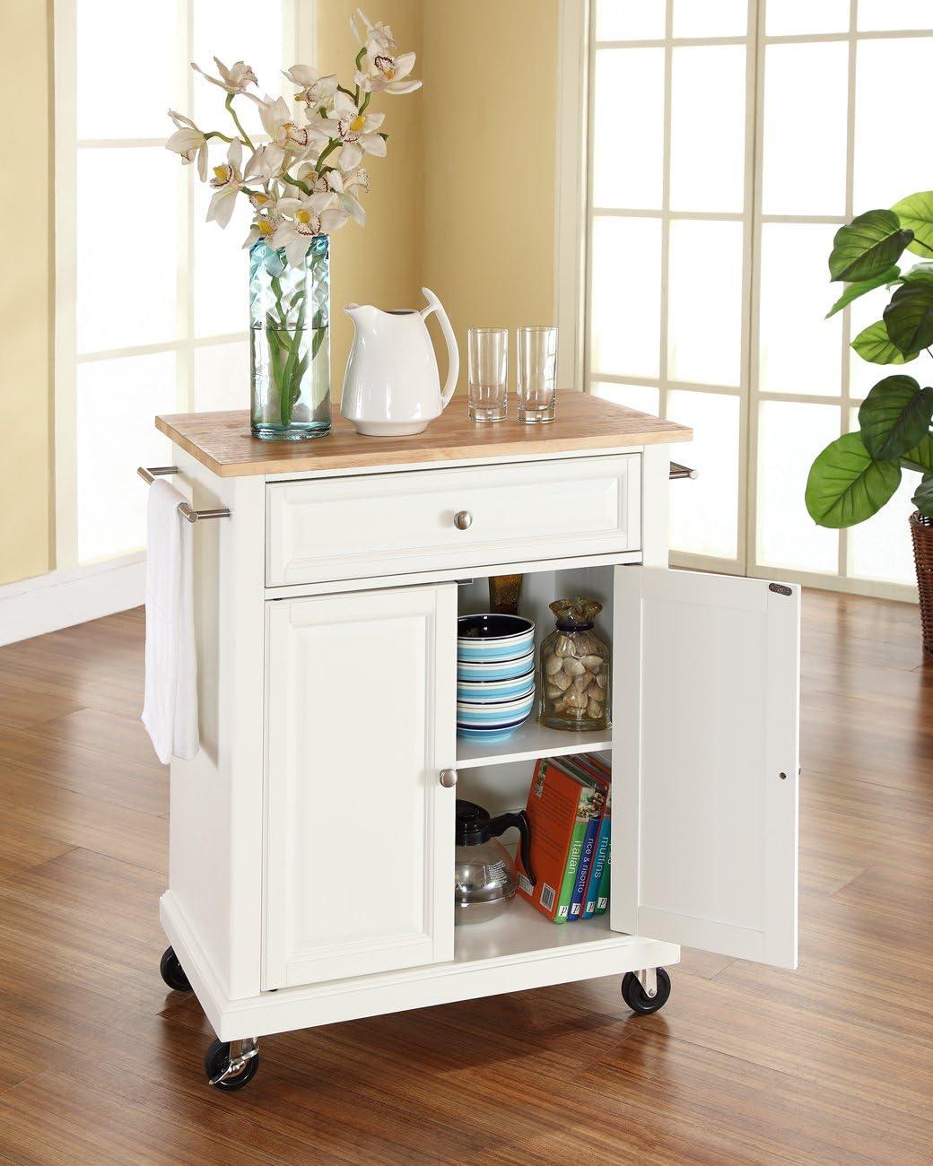 Compact Wood Top Kitchen Cart White - Crosley: Mobile Storage, Adjustable Shelf, Towel Bars
