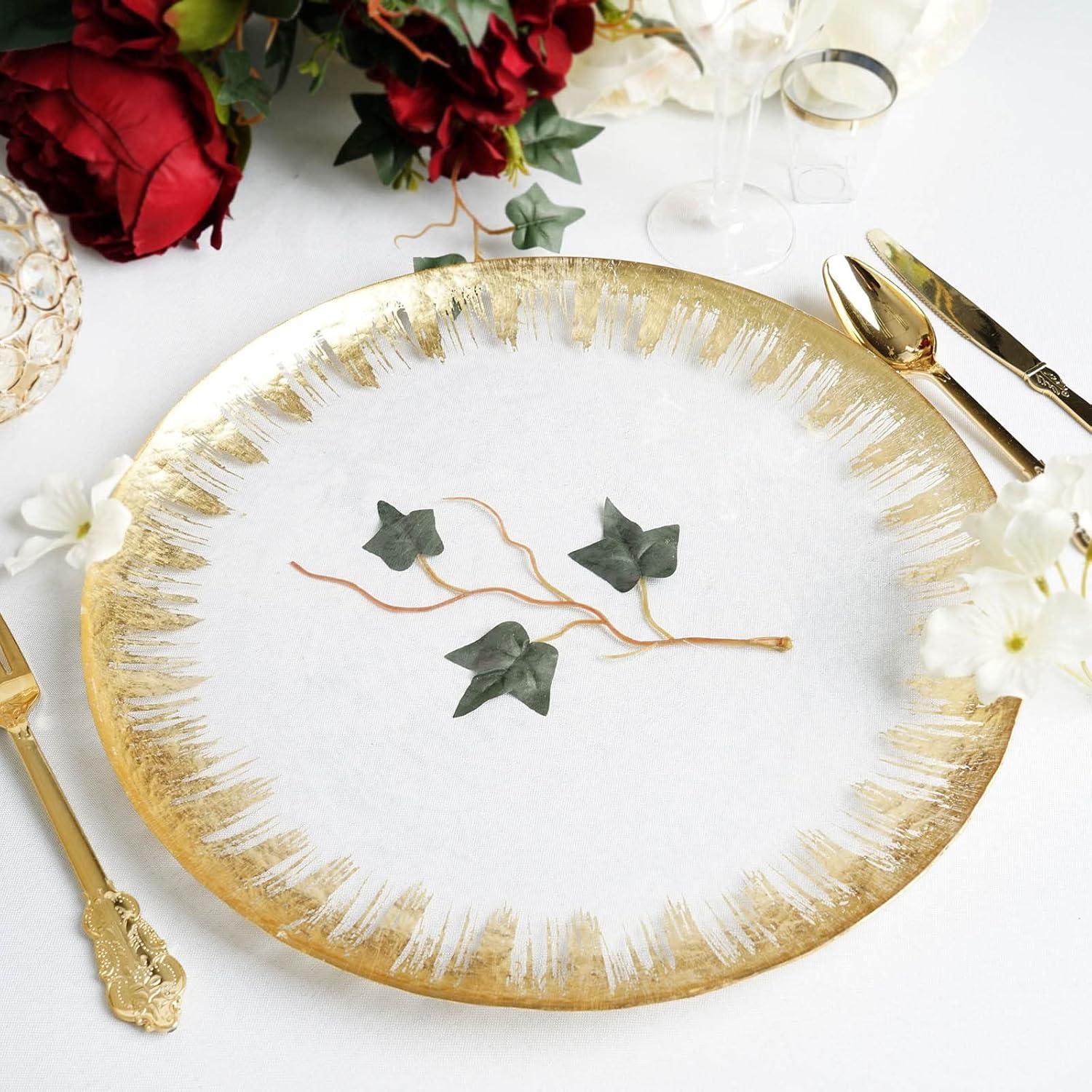 13" Clear Glass Charger Plates with Gold Spray Rim, Set of 8