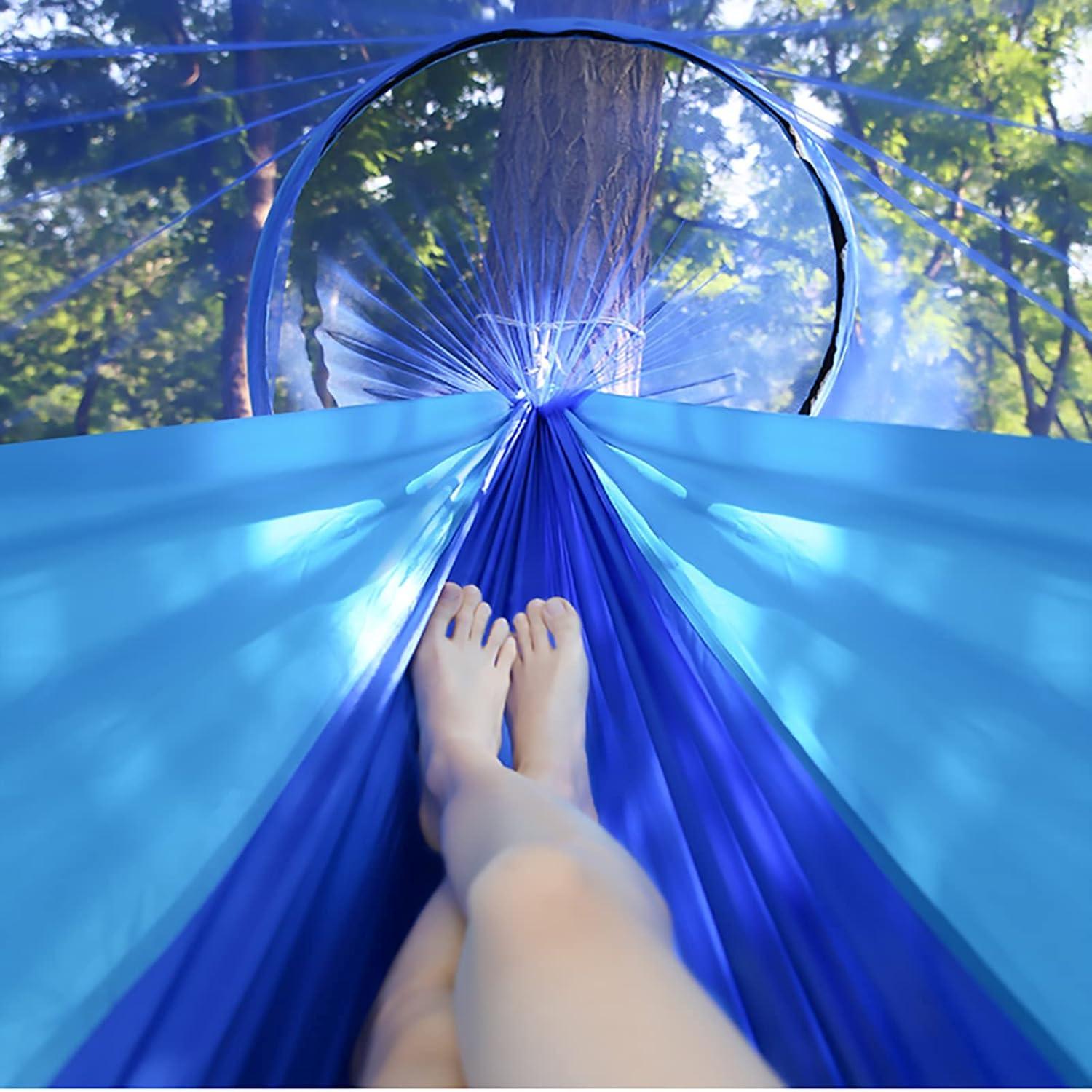 LFL Camping Hammock with Mosquito Net, Hammocks with 13ft Tree Straps Carabiners, Automatic Quick Open Outdoor Portable Hammock, Nylon Parachute Material Outside Hammock with net, Blue