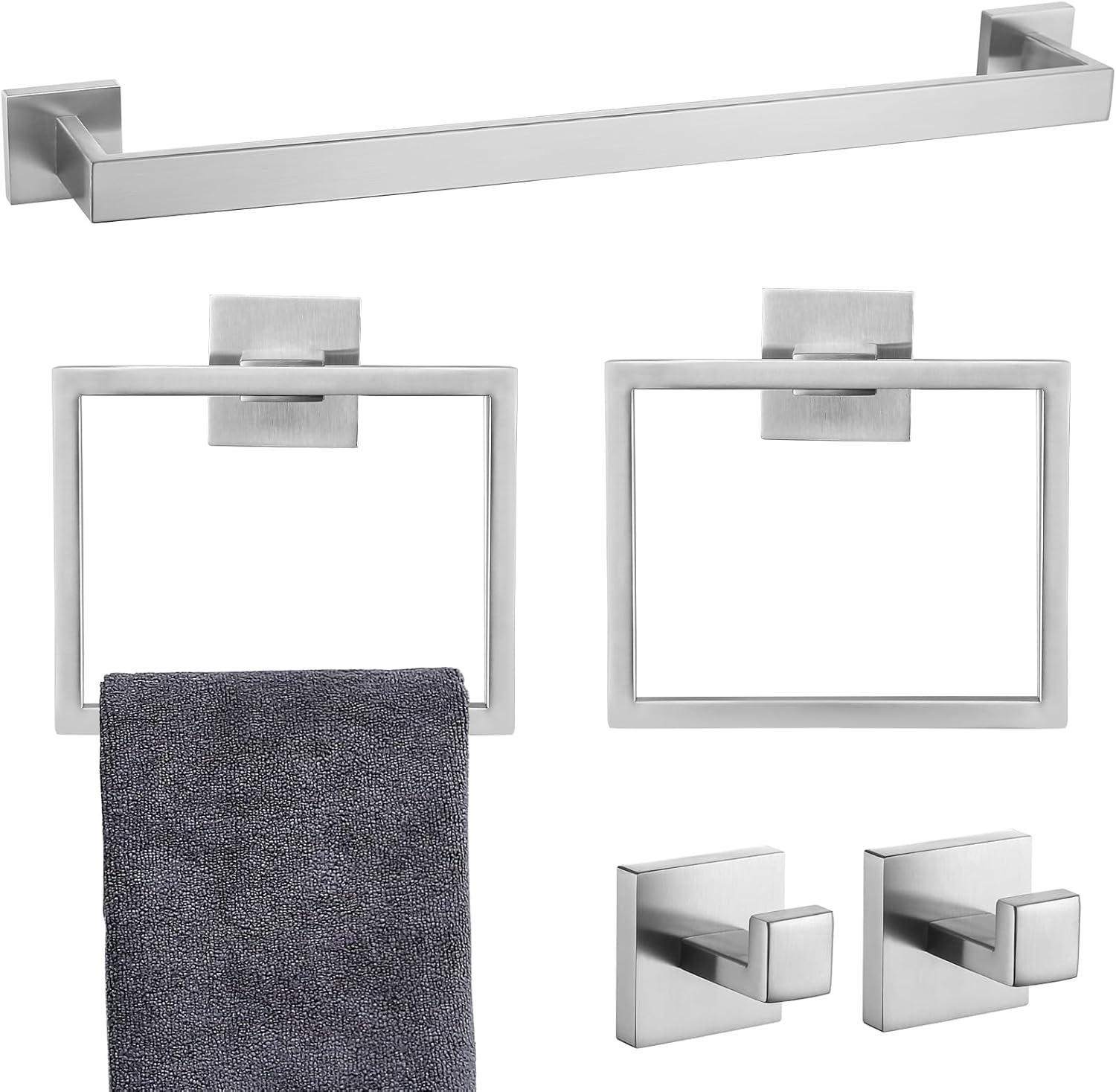 Brushed Nickel Towel Bar Rack Sets, 23.6 inch Bathroom Hardware Set 5-Piece Towel Bar Wall Mount Modern Bathroom Accessories Include Towel Rack,Toilet Paper Holder,2*Robe Hook