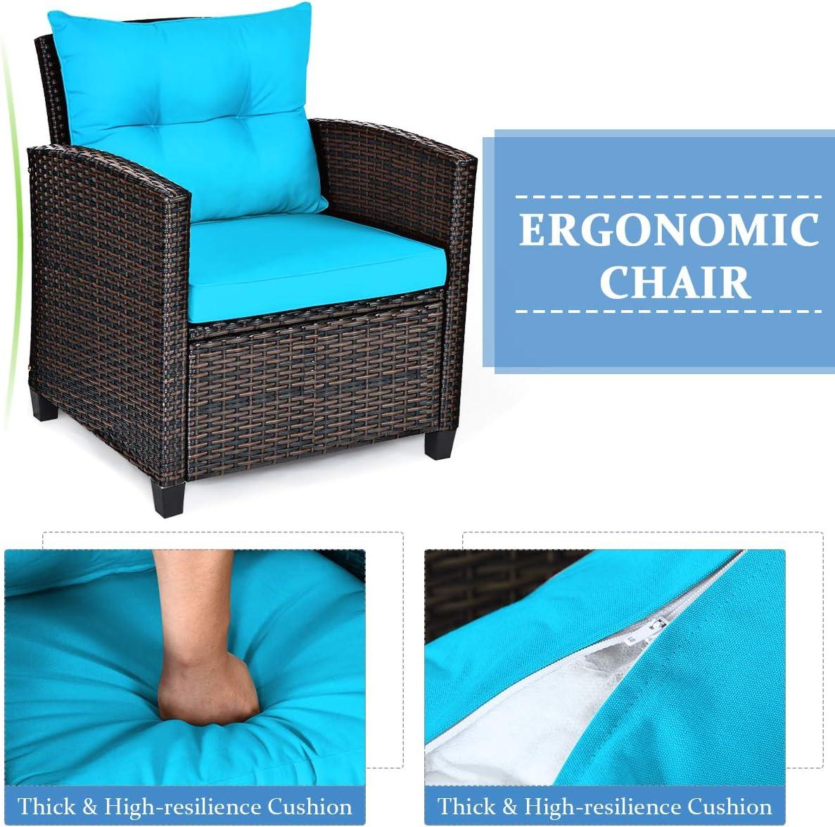 Giantex 3 Pieces Patio Furniture Set, PE Rattan Wicker 3 Pcs Outdoor Sofa Set w/Washable Cushion and Tempered Glass Tabletop, Conversation Furniture for Garden Poolside Balcony (Turquosize)