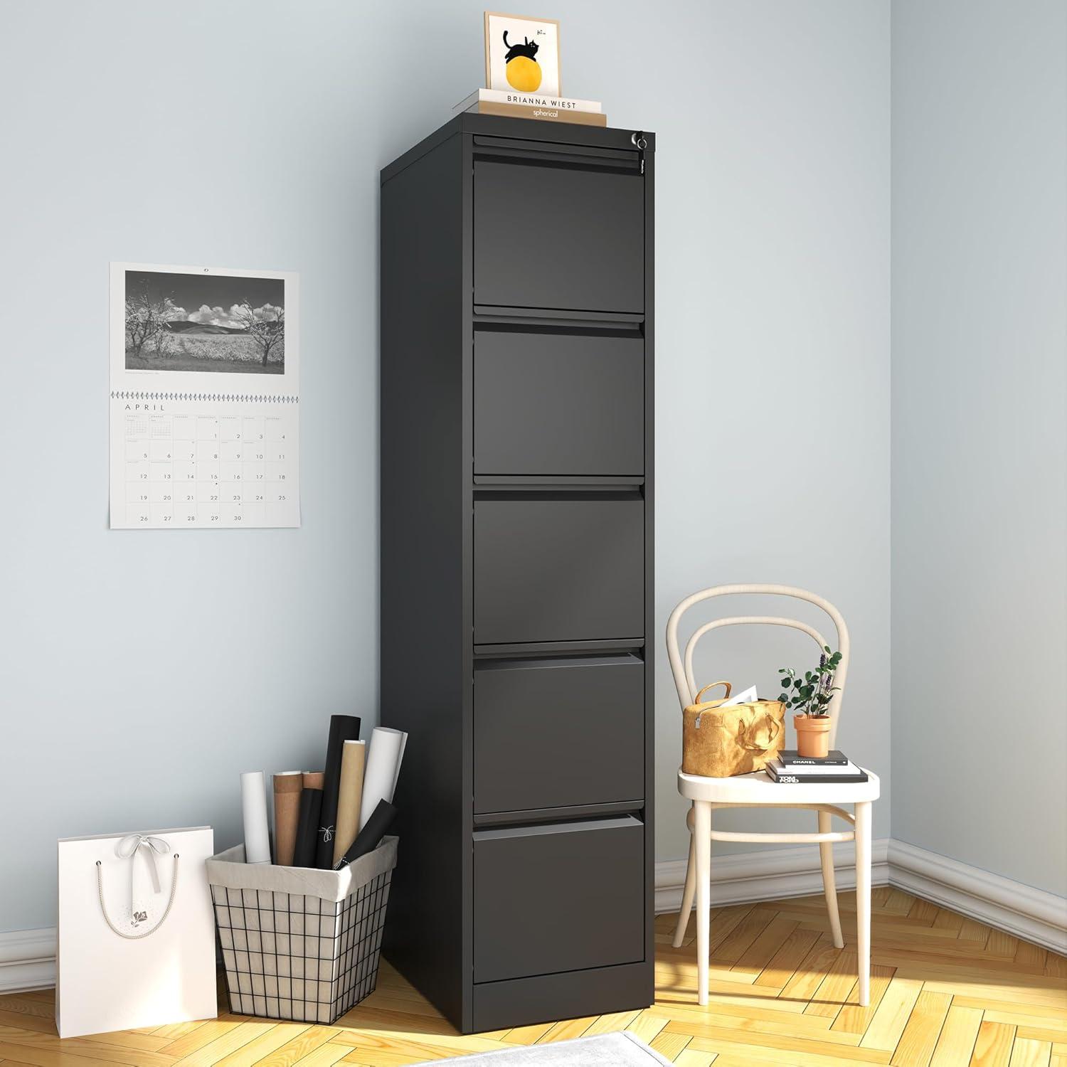 Yiyuanjin 5 Drawer Vertical Metal File Cabinet with Lock for A4 Legal/Letter Size, Black