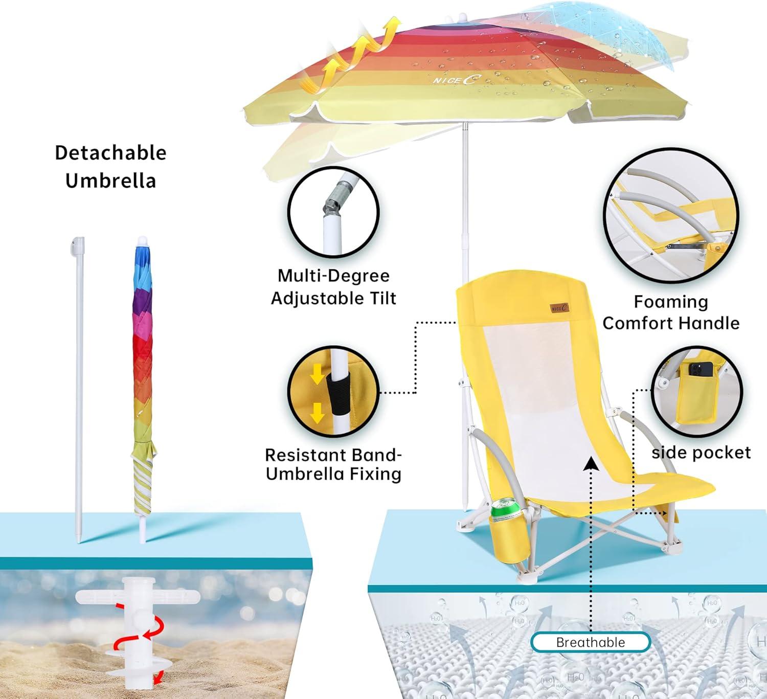 Nice C Beach Chair, Beach Chairs for Adults, w/Cooler&Umbrella, Compact High Back, Cup Holder & Carry Bag & Heavy Duty Outdoor, Camping, BBQ, Travel, Picnic (Set of 1 Yellow)