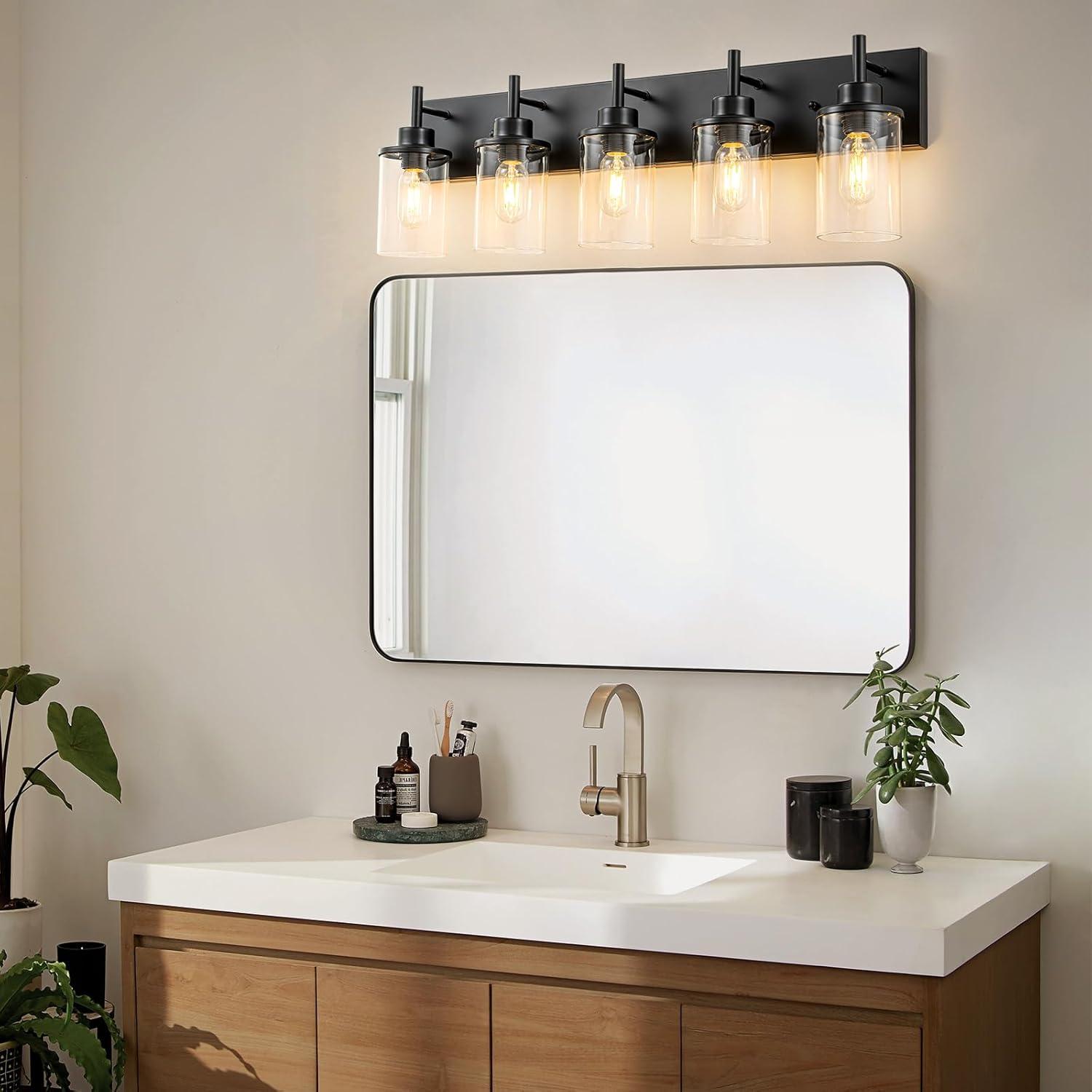 Matte Black 5-Light Bathroom Vanity Fixture with Glass Shades