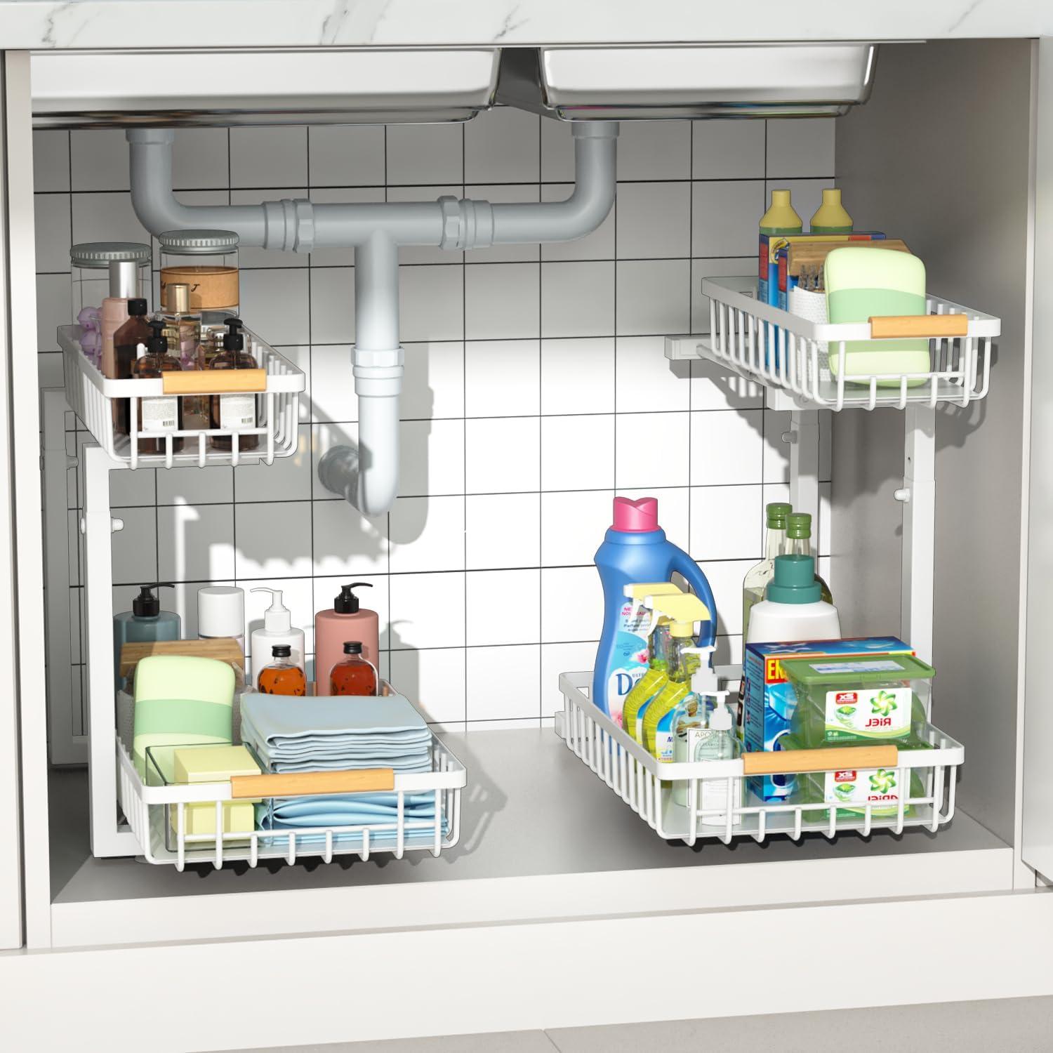 Under Sink Organizers, 2 Pack Metal Pull Out Under Sink Organizers and Storage Shelves with Sliding Drawer, Under Sink Storage for Kitchen, Bathroom, White, 2 Pack…