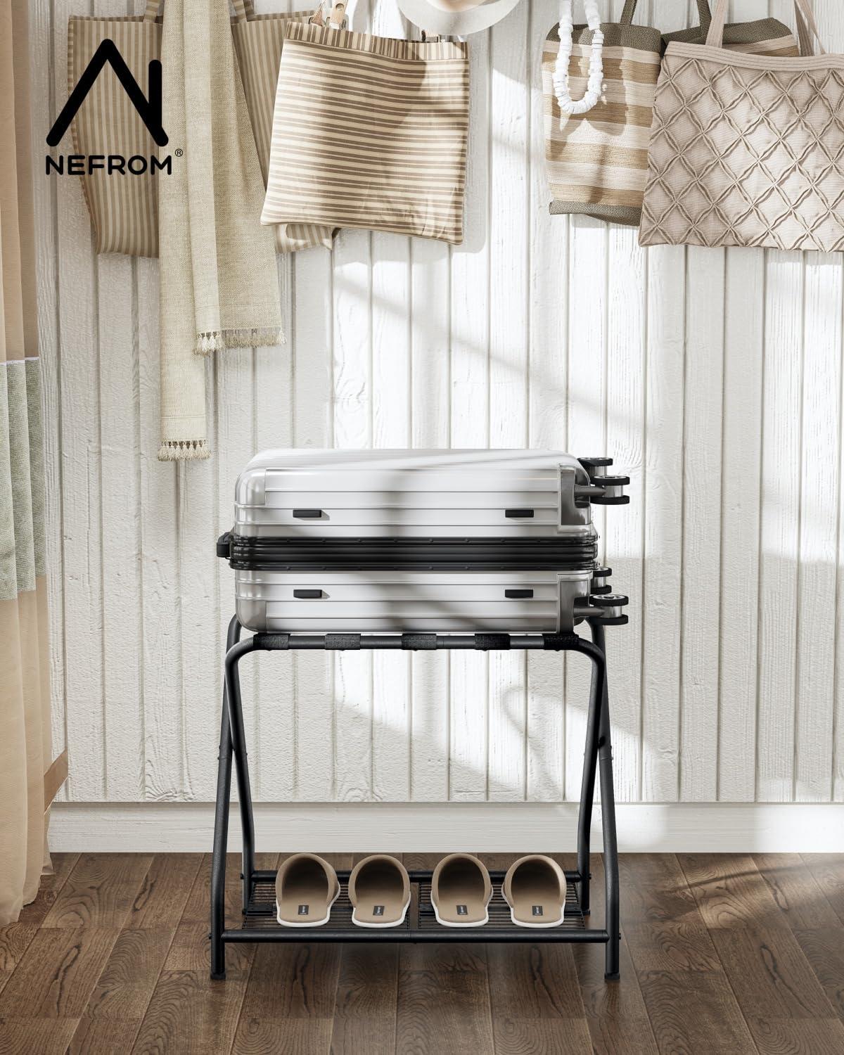 A Home Rack Set Of 2, Foldable Suitcase Stand With Storage Shelf, Metal Luggage Holder For Guest Room, Bedroom