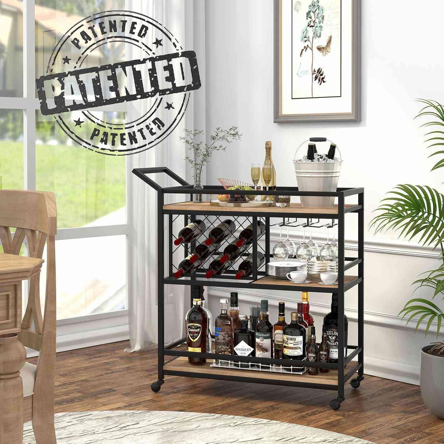 17 Stories Bar Cart For The Home, Rolling Wine Carts On Wheels With 3 Tier Wood Shelves, Liquor Beverage Cart With Wine Rack And Glass Holder