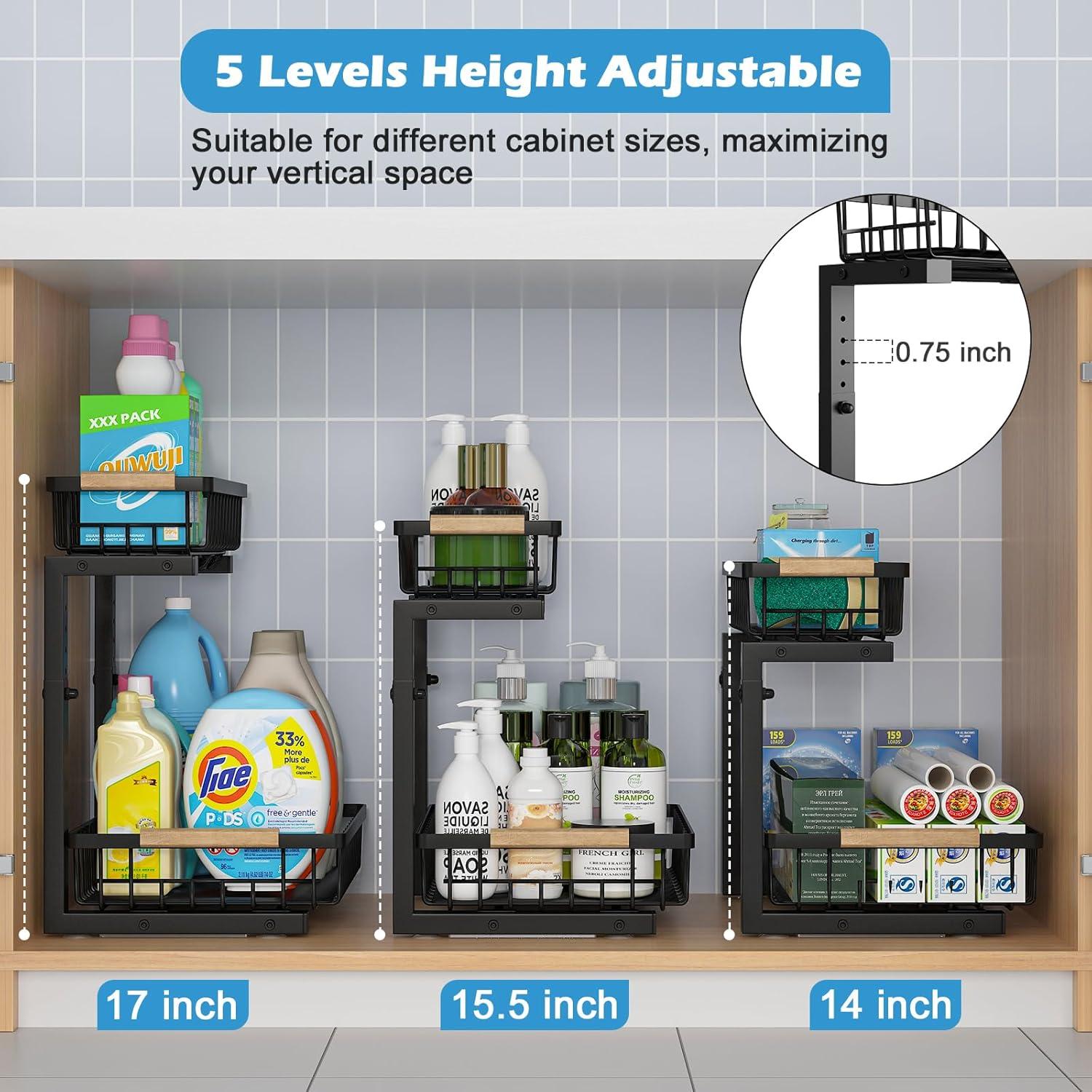 DELAMU 2 Pack Under Sink Organizers and Storage, Pull Out Trash Can Under Cabinet, 2 Tier Bin Organizer with Hooks and Haning Cups, Multi-Purpose Sliding Under Cabinet Organizer