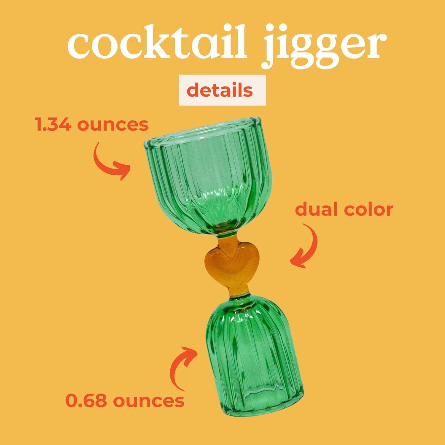 ban.do Cocktail Measuring Jigger, Double Jigger Shot Glass, 1/2 and 1 Shot Measuring Cup, Green Glass Bar Tool (Tipsy Turvy Green)