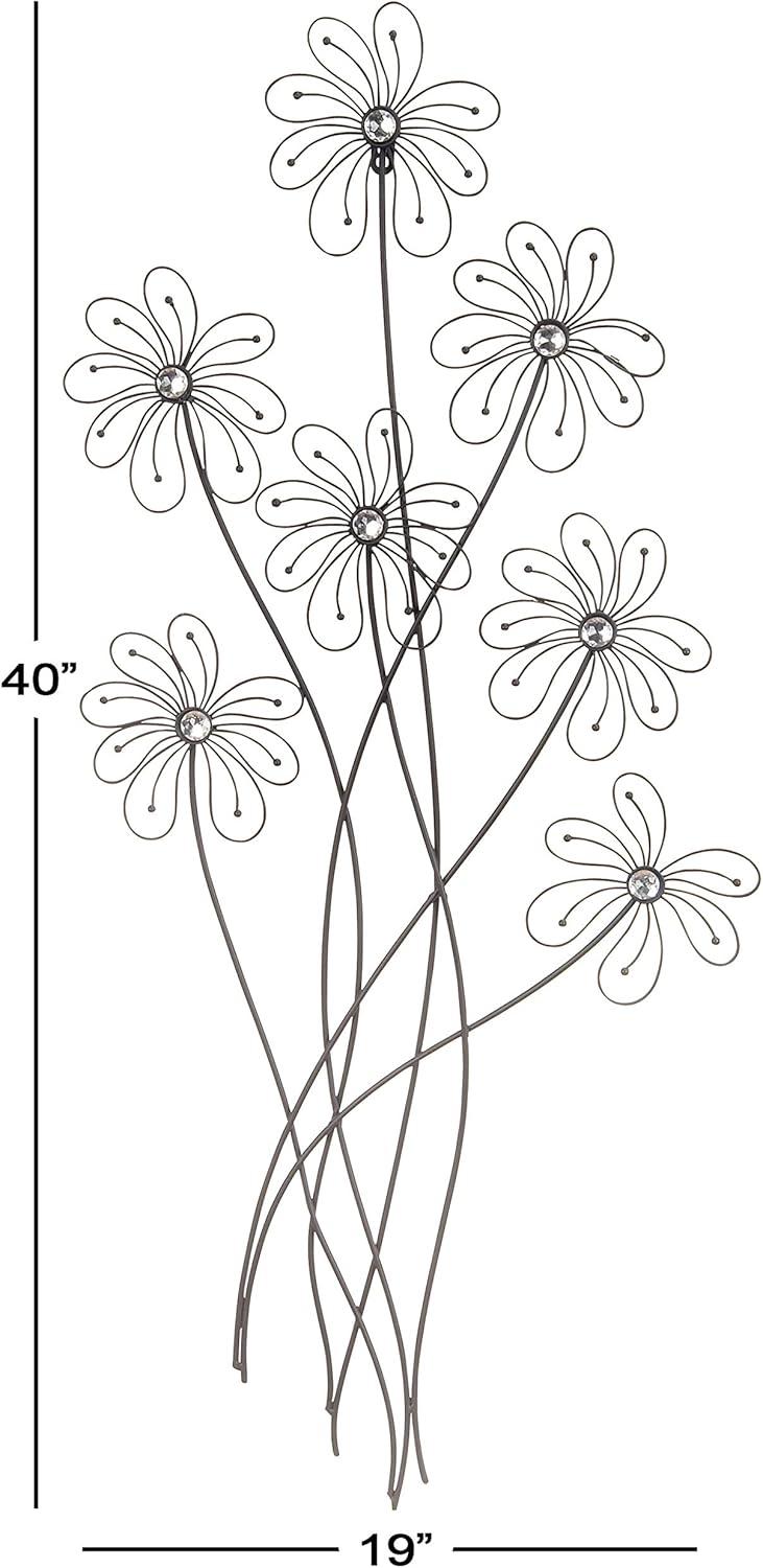 Black Metal 3D Wire Floral Wall Sculpture with Crystal Embellishments