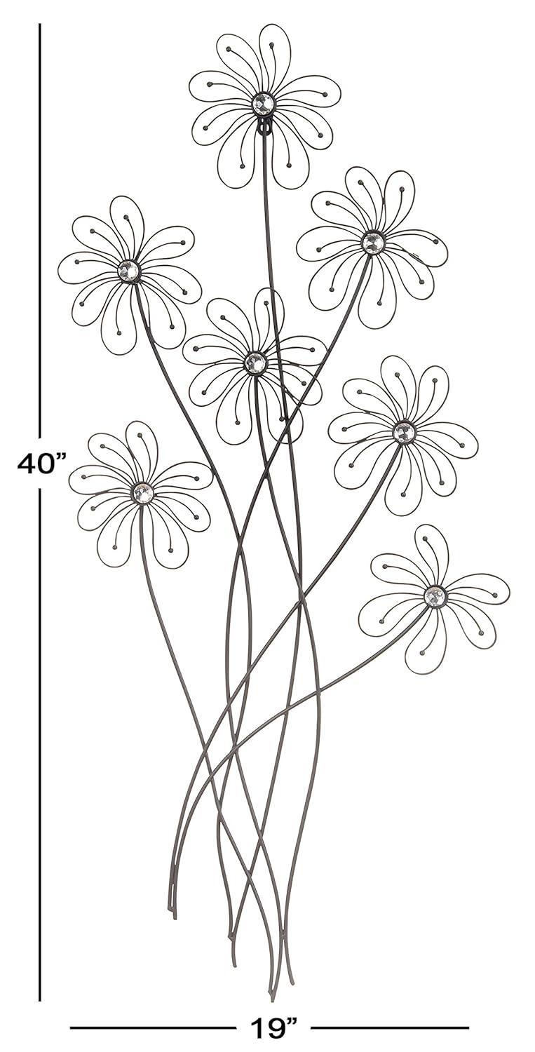 DecMode Black Metal 3D Wire Floral Wall Decor with Crystal Embellishments