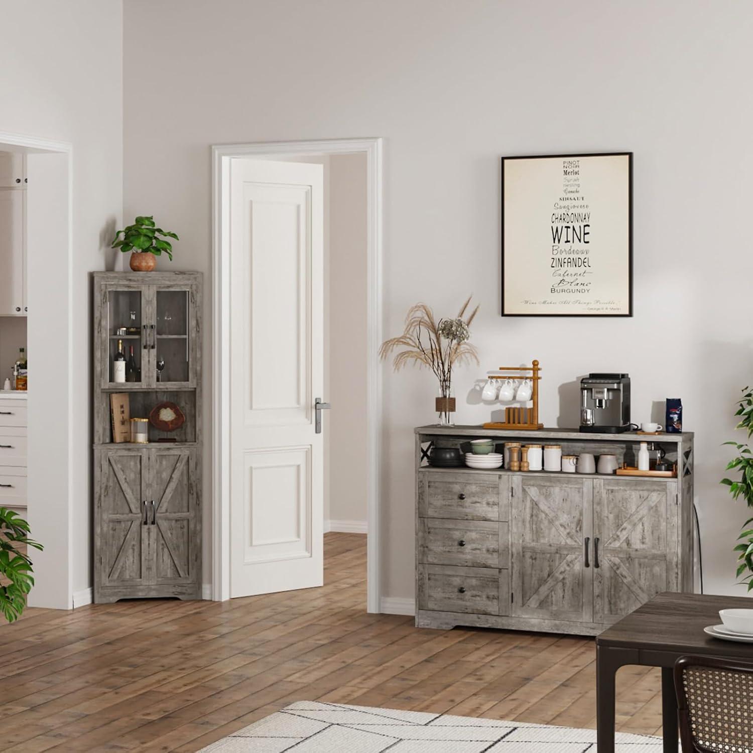 47" Distressed Grey Farmhouse Storage Cabinet with Doors & Drawers, Sideboard Buffet Cabinet with Storage, Kitchen Pantry Hutch, Coffee Bar Station Table for Kitchen, Living Room, Dining Room