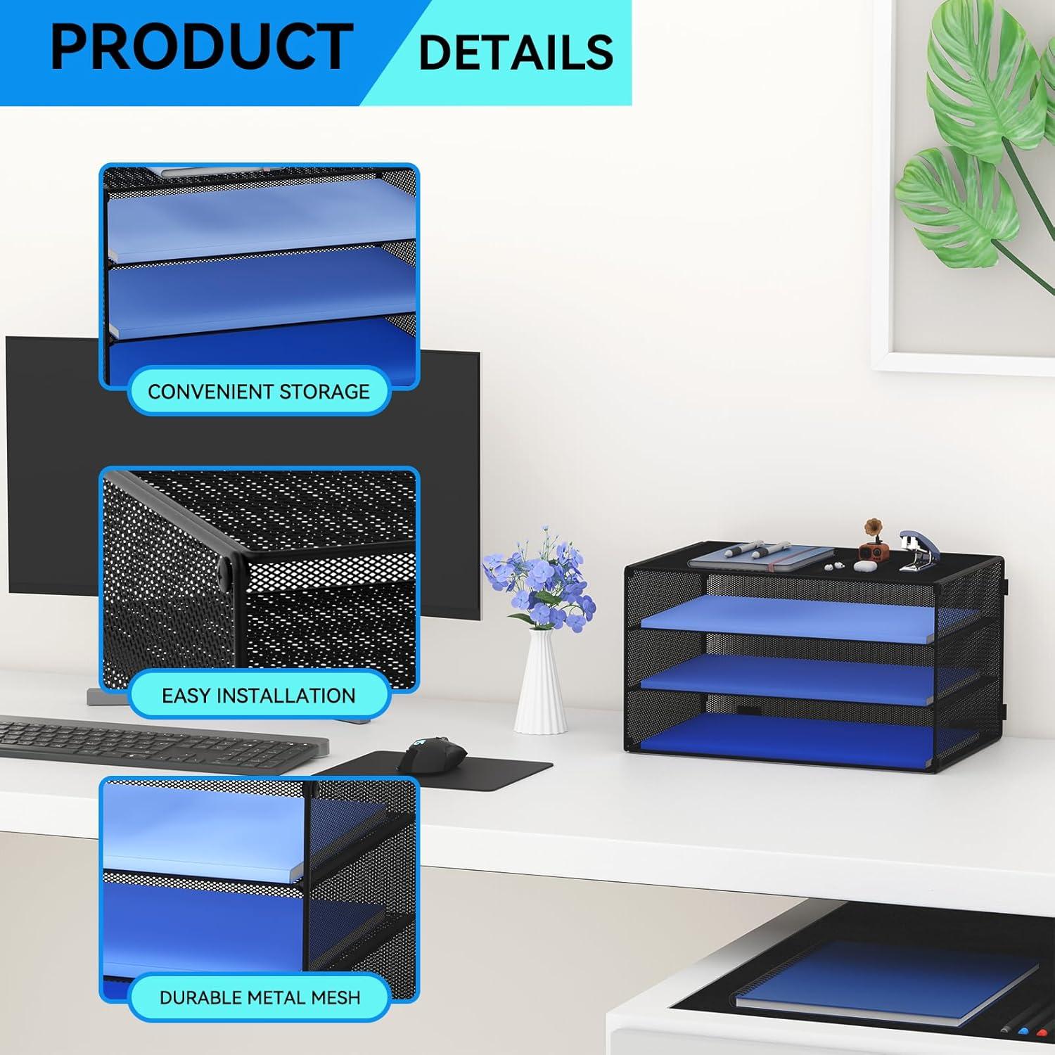 Paper Letter Tray Organizer, 3 Tier Mesh File Tray Desktop Paper Sorter with Drawer, Black