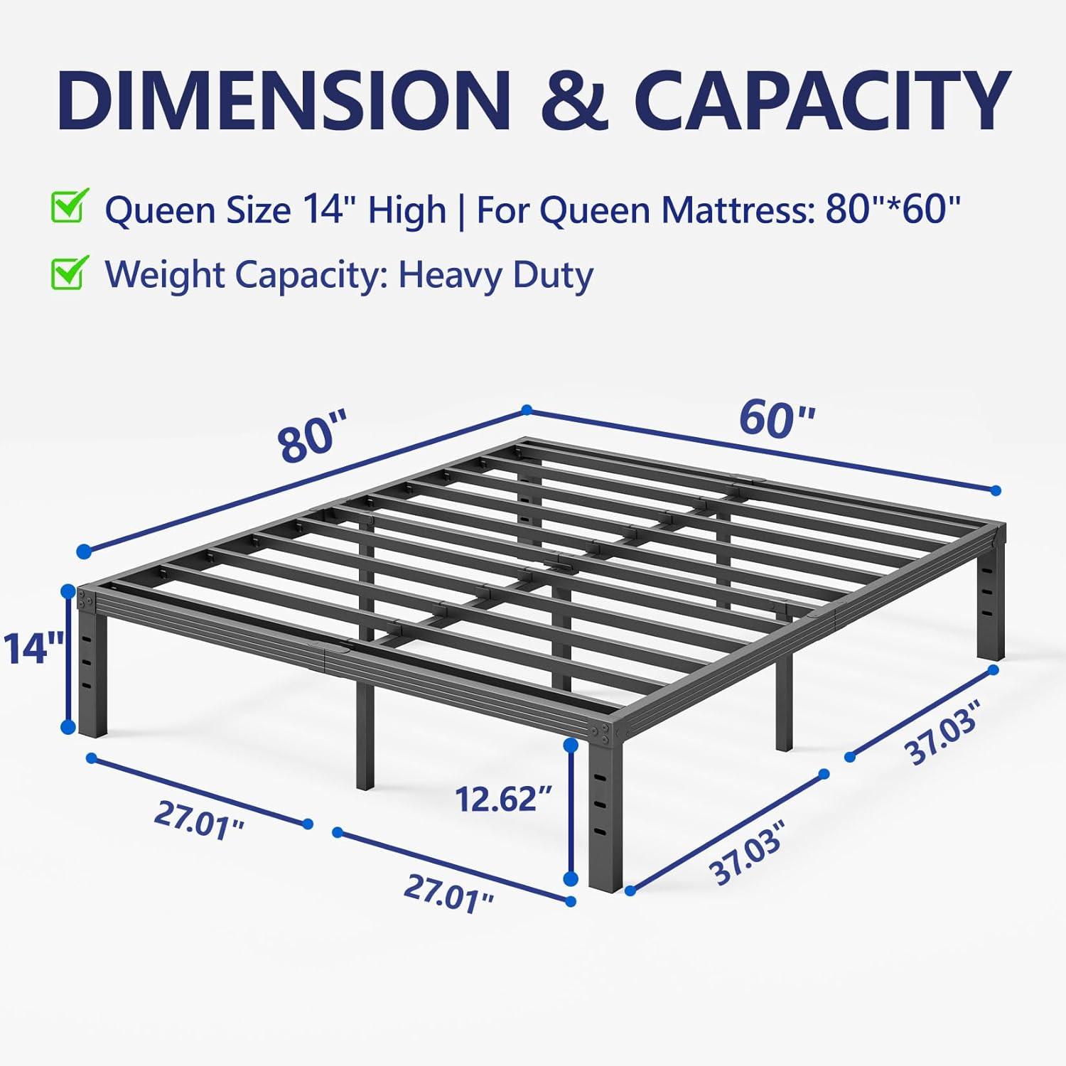 14 inches Queen Bed Frames No Box Spring Needed ,2500 lbs Heavy Duty Metal Platform Bed Frame with Storage Queen Size for Adult Black