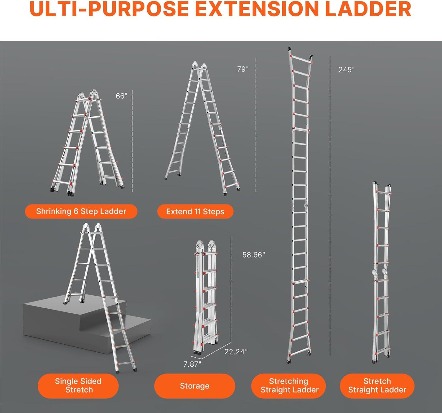 VEVOR Telescoping A Frame Ladder, 20 FT Compact Aluminum Extension, Multi-Function Portable Collapsible RV, for Homework Stairs Indoor Outdoor Roof, 330lb Load
