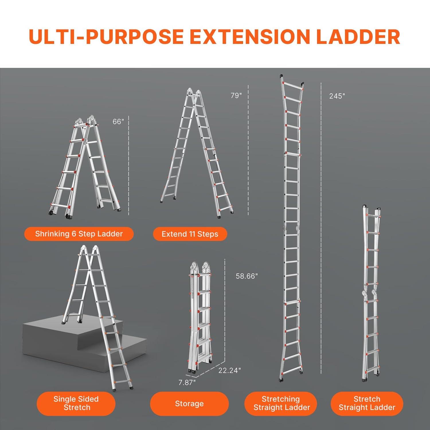 VEVOR Telescoping A Frame Ladder, 20 FT Compact Aluminum Extension, Multi-Function Portable Collapsible RV, for Homework Stairs Indoor Outdoor Roof, 330lb Load