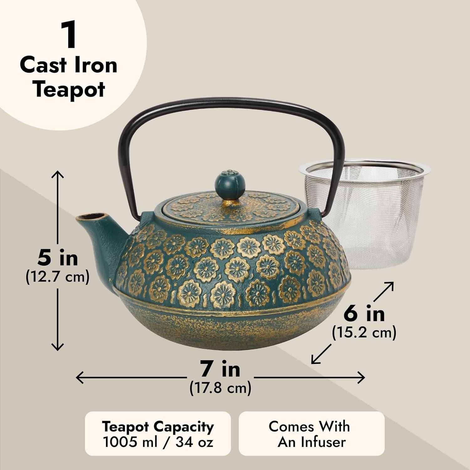 Juvale Green Cast Iron Floral Teapot Kettle with Stainless Steel Infuser Set, Japanese Tea Pot for Kitchen Pantry, 34 oz