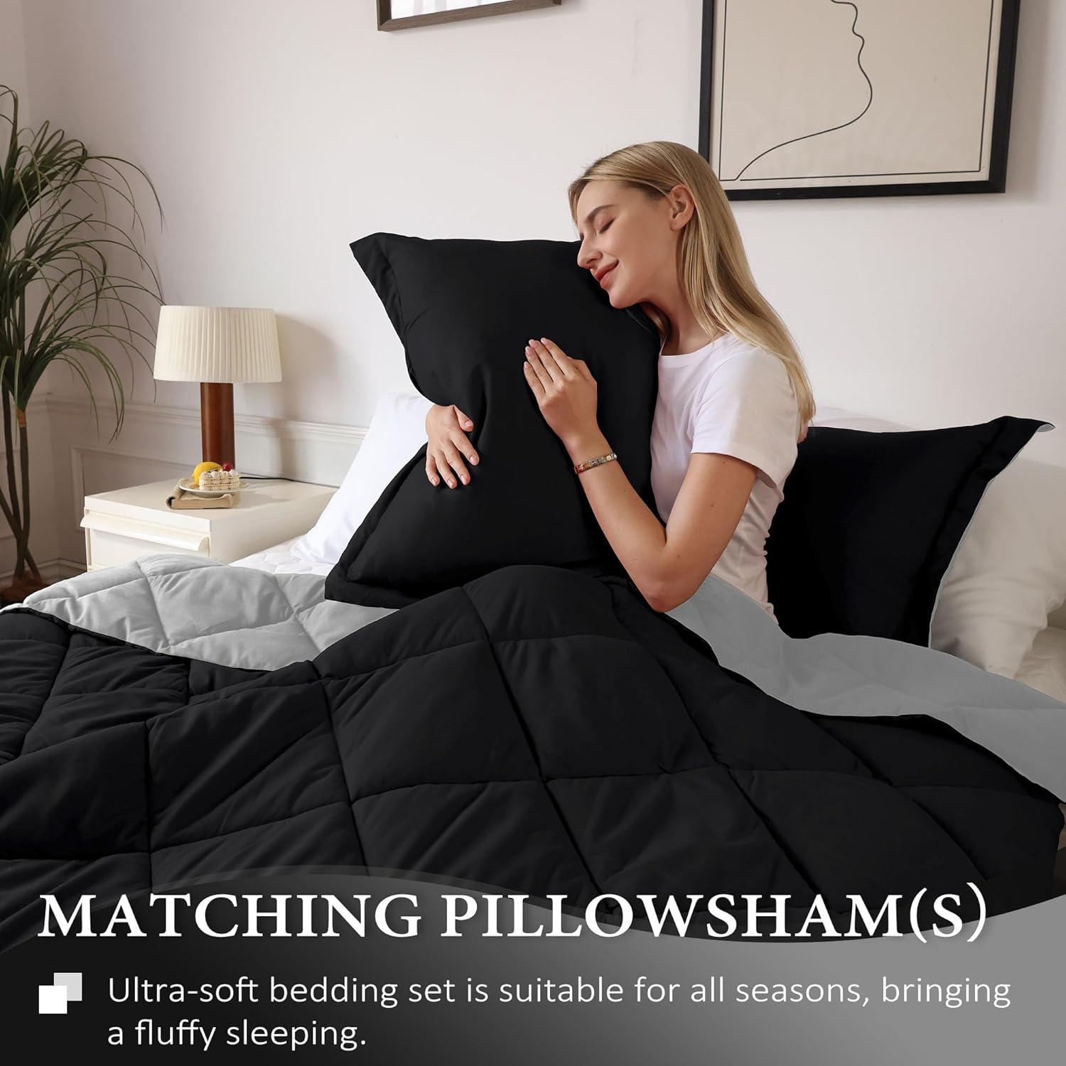 DOWNCOOL Comforter King Size, Reversible Duvet Insert,Black/Grey All Season Blanket, Lightweight Quilt, Down Alternative Hotel Comforter with Corner Tabs (Black/Gray, King 102x90 Inches)