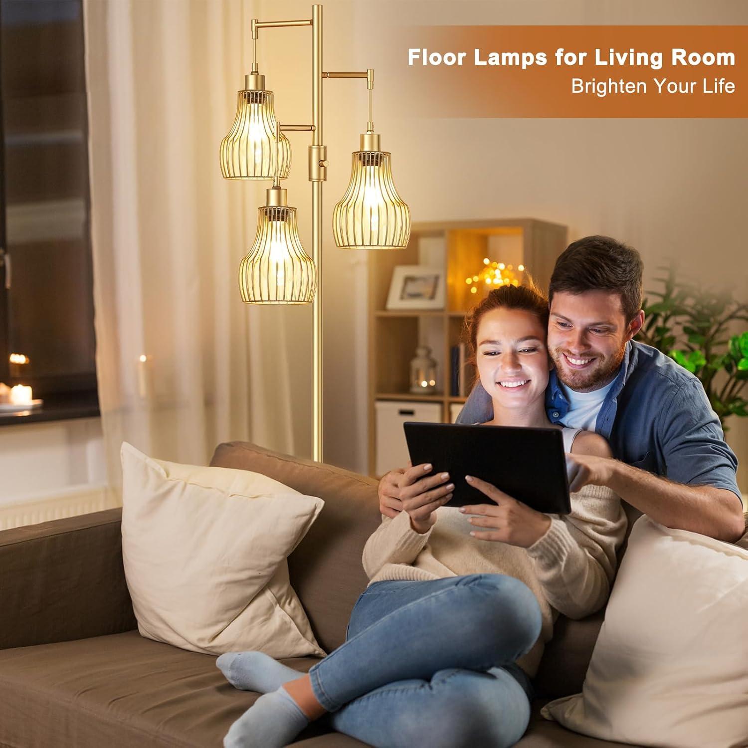 Dimmable Gold Floor Lamps for Living Room, Industrial Tree Standing Tall Lamps with 3 Elegant Cage Shade & 800 Lumens LED Bulbs for Bedroom Office