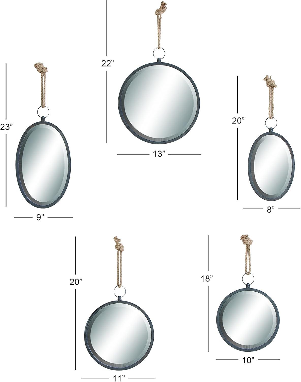 DecMode 22", 22", 20", 19", Gray Wall Mirror with Hanging Rope, Set of 5