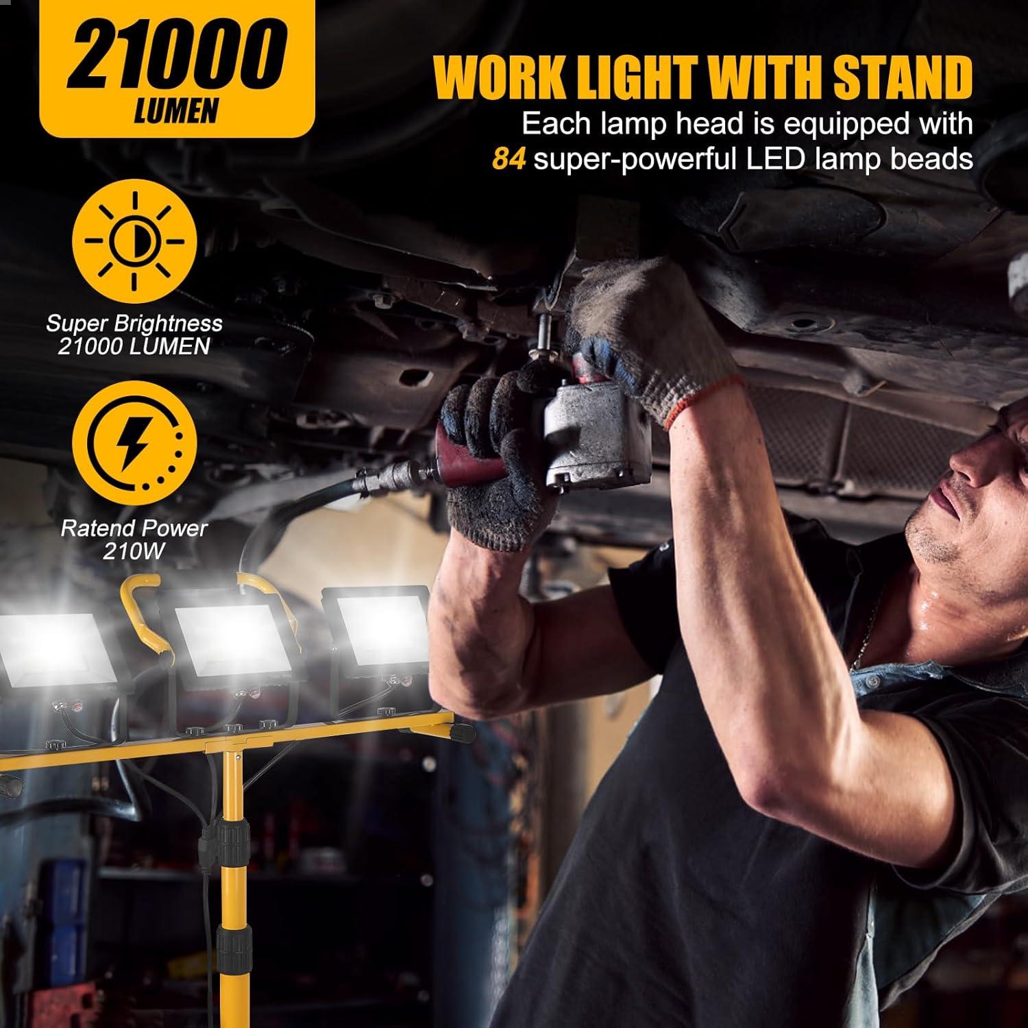 21000 Lumen Work Lights with Stand，3 Adjustable Head LED Work Light, with Adjustable and Foldable Tripod Stand, Waterproof Lamp with Individual Switch with 6500 Kelvin Color Temperature