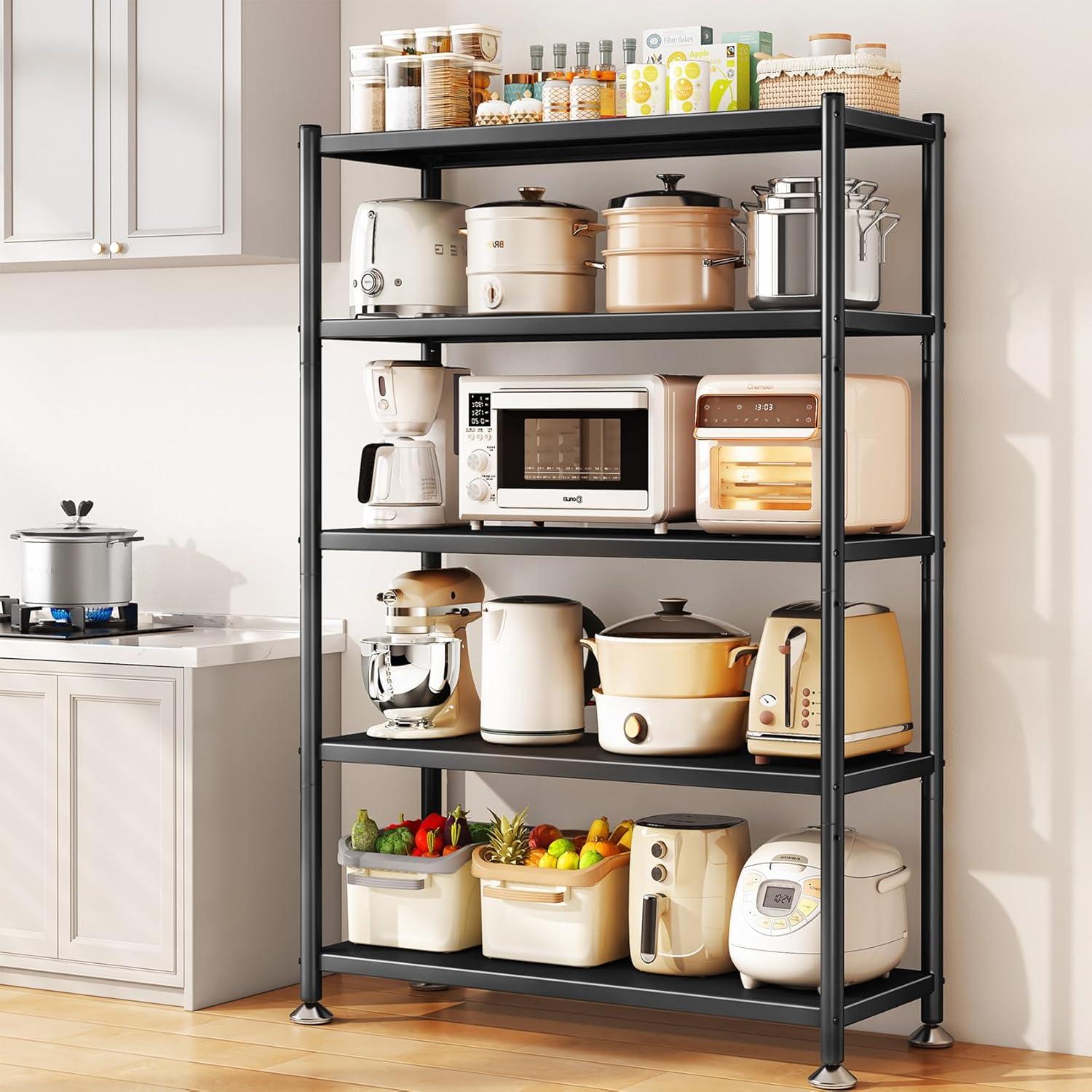 Metal Shelving for Storage, 5 Tier Adjustable Kitchen Storage Shelves with Wheels, Shelving Unit Bookshelf Utility Shelf Metal Storage Rack for Garage Pantry Closet Laundry, 35.8"x13"x59.65"