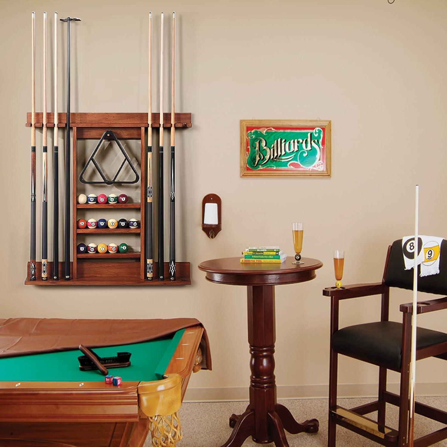 Brown Pine Wood Wall-Mounted Billiard Cue Rack with Storage