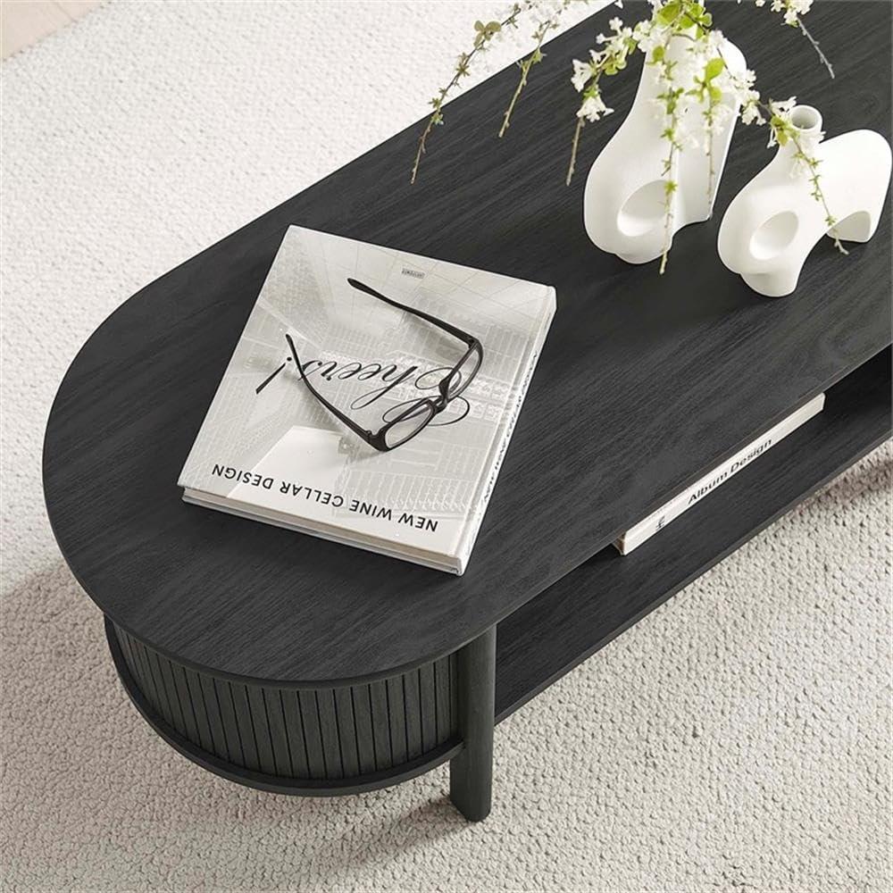 Cadence Black Oval Wood Coffee Table with Storage