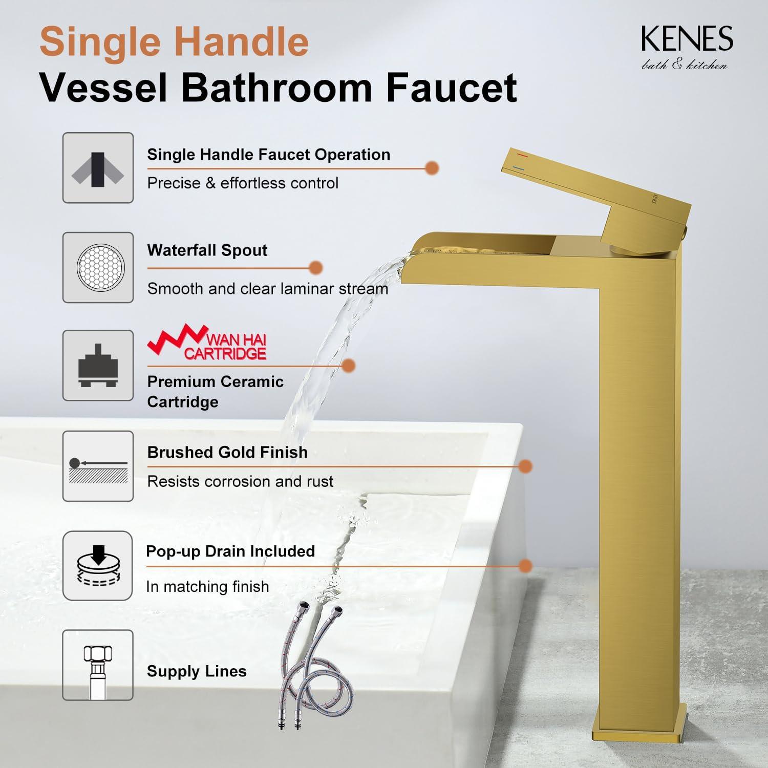 Brushed Gold Tall Stainless Steel Waterfall Bathroom Faucet