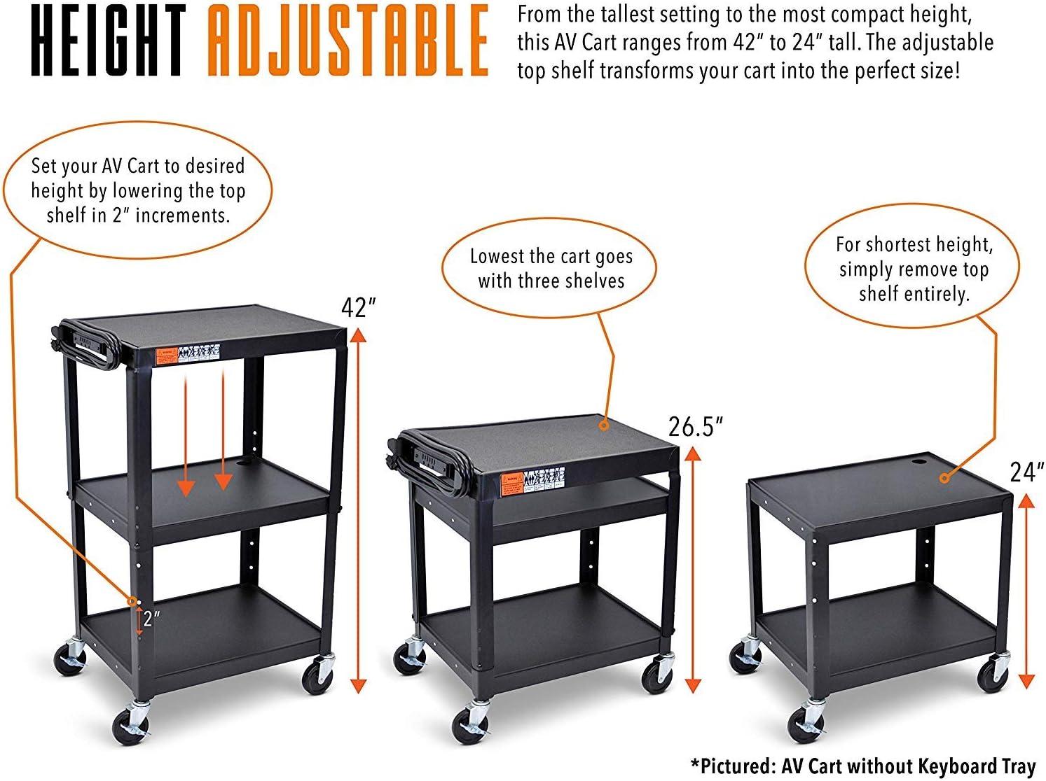 Line Leader Extra Wide AV Cart with Lockable Wheels - Adjustable Shelf Height - Includes Pullout Keyboard Tray and Cord Management (42 x 32 x 20 / Black)