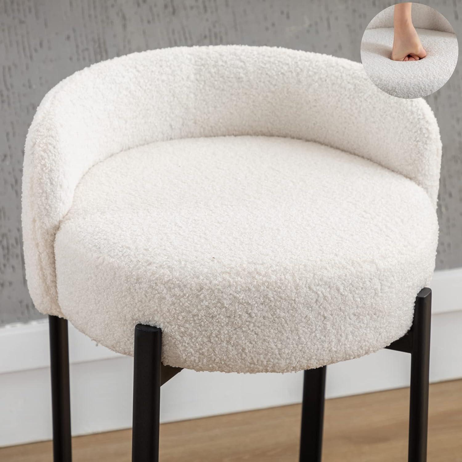Modern Bar stools Set of 2, 26 Inch Sherpa Fabric Counter Height Barstools with Low Back, Upholstered Round Shape Kitchen Island Stools with Black Metal Legs for Dining Room Bar, White