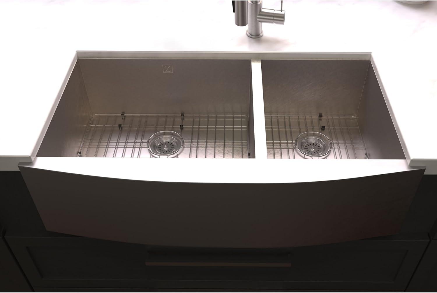 ZLINE 36 in. Courchevel Farmhouse Apron Mount Double Bowl DuraSnow Stainless Steel Kitchen Sink W/ Bottom Grid (SA60D-36S)