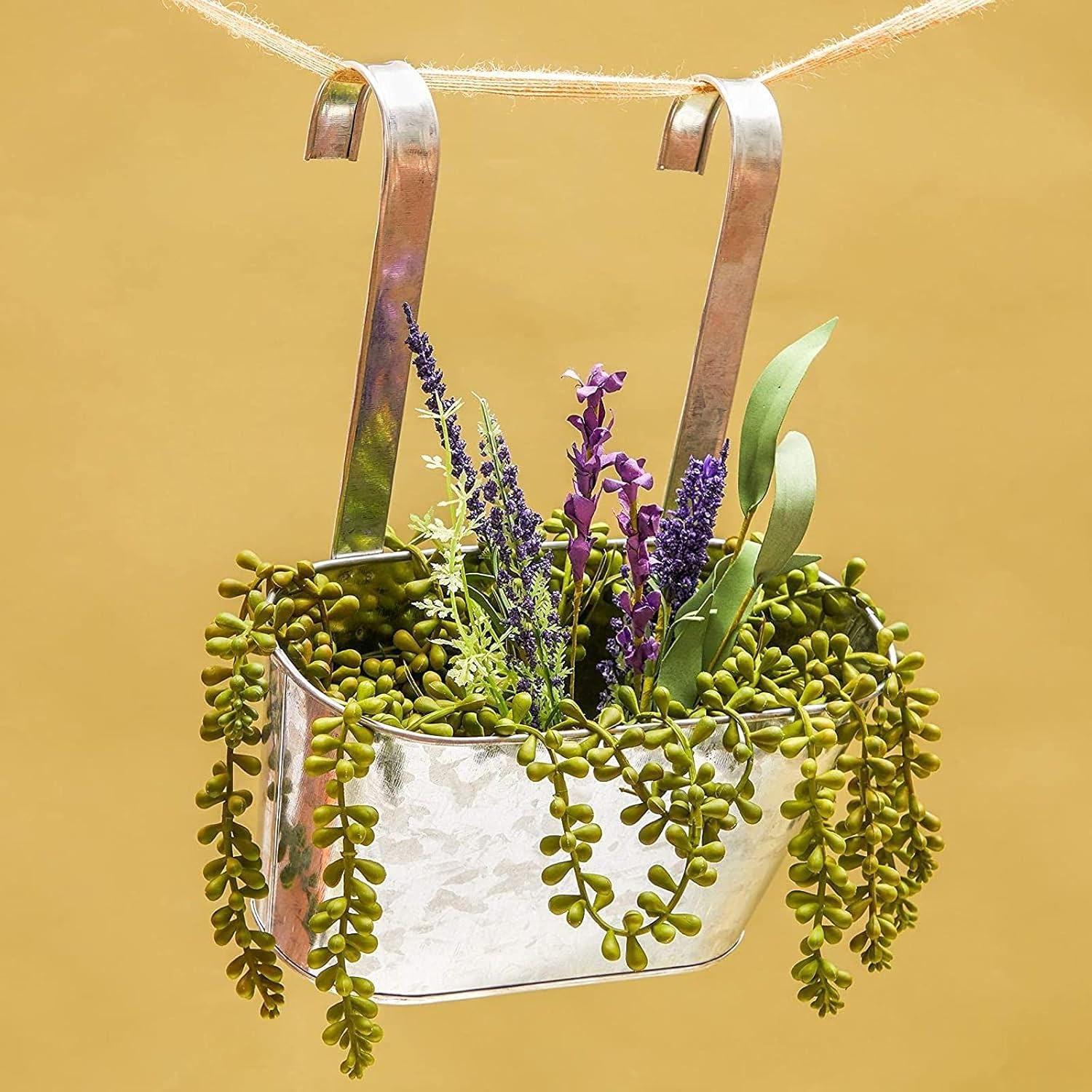 Juvale 2 Pack Galvanized Metal Hanging Bucket Planter Flower Pots for Railing, Fence, Balcony, Wall Decor, and Garden, 5 x 4.5 x 10 In