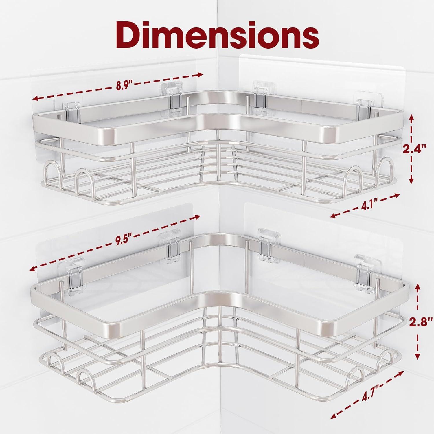 Corner Shower Caddy - 2 Pack, Adhesive Shower Organizers, Rustproof Stainless Steel Shower Shelves with 8 Hooks, No Drilling Bathroom Organizers and Storage Racks, Space-Saving, Silver, Medium