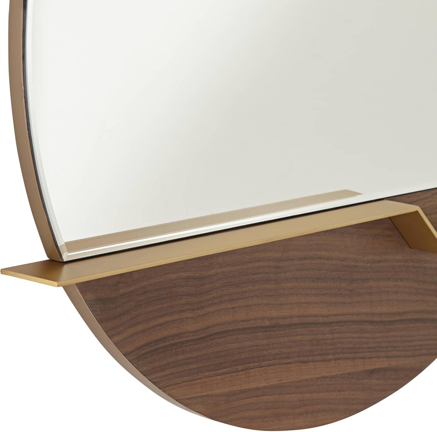 Possini Euro Design Loft Round Vanity Wall Mirror with Gold Shelf Modern Beveled Glass Brown Wood Frame 31 1/2" Wide for Bathroom