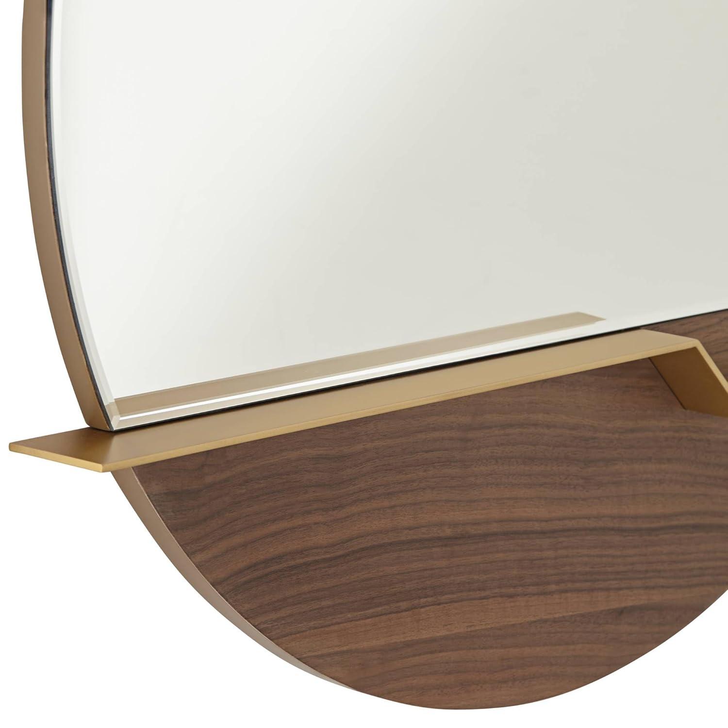 Possini Euro Design Loft Round Vanity Wall Mirror with Gold Shelf Modern Beveled Glass Brown Wood Frame 31 1/2" Wide for Bathroom