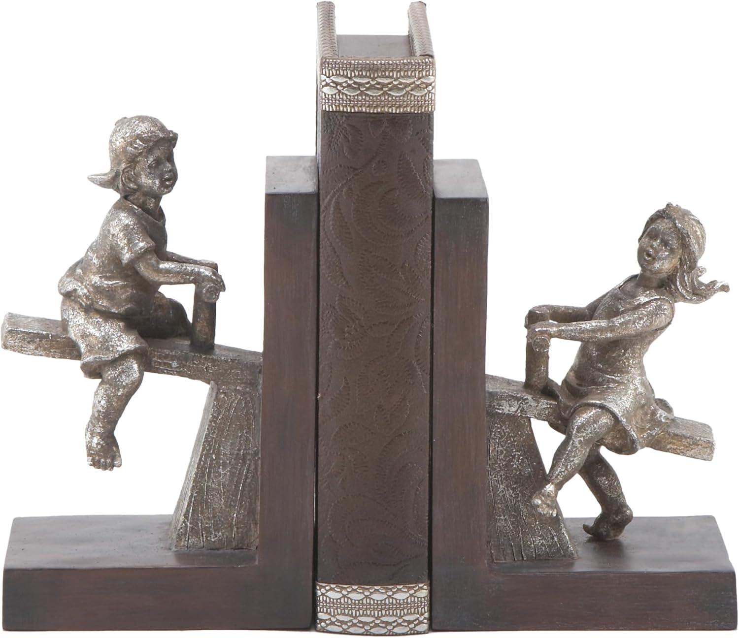 DecMode 4" People Brown Polystone Bookends with Swing Set (Set of 2)