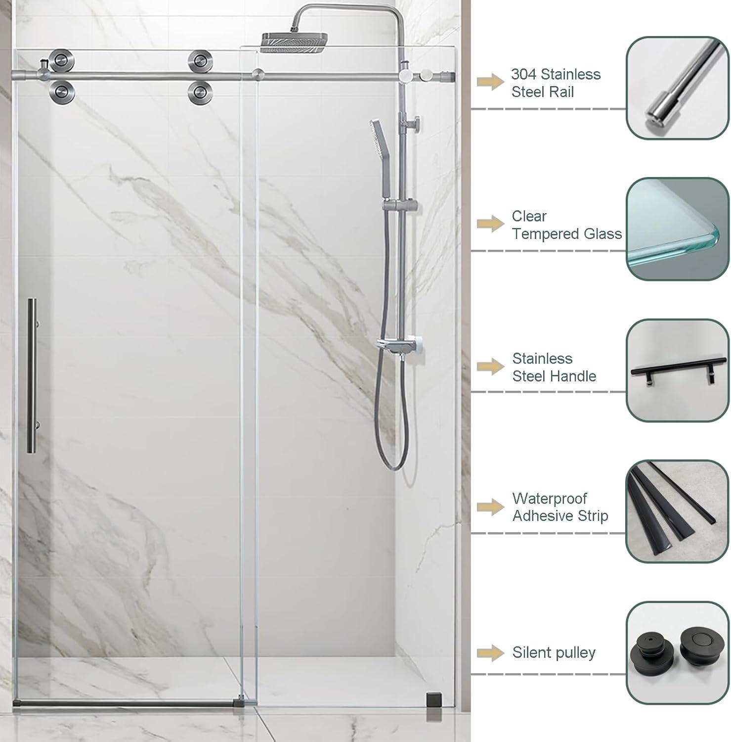 Frameless Sliding Shower Door, 76 x (44-48) Inch Frameless Shower Door, 5/16" (8mm) Clear Tempered Glass in Brushed Nickel Finish, Glass Shower Door