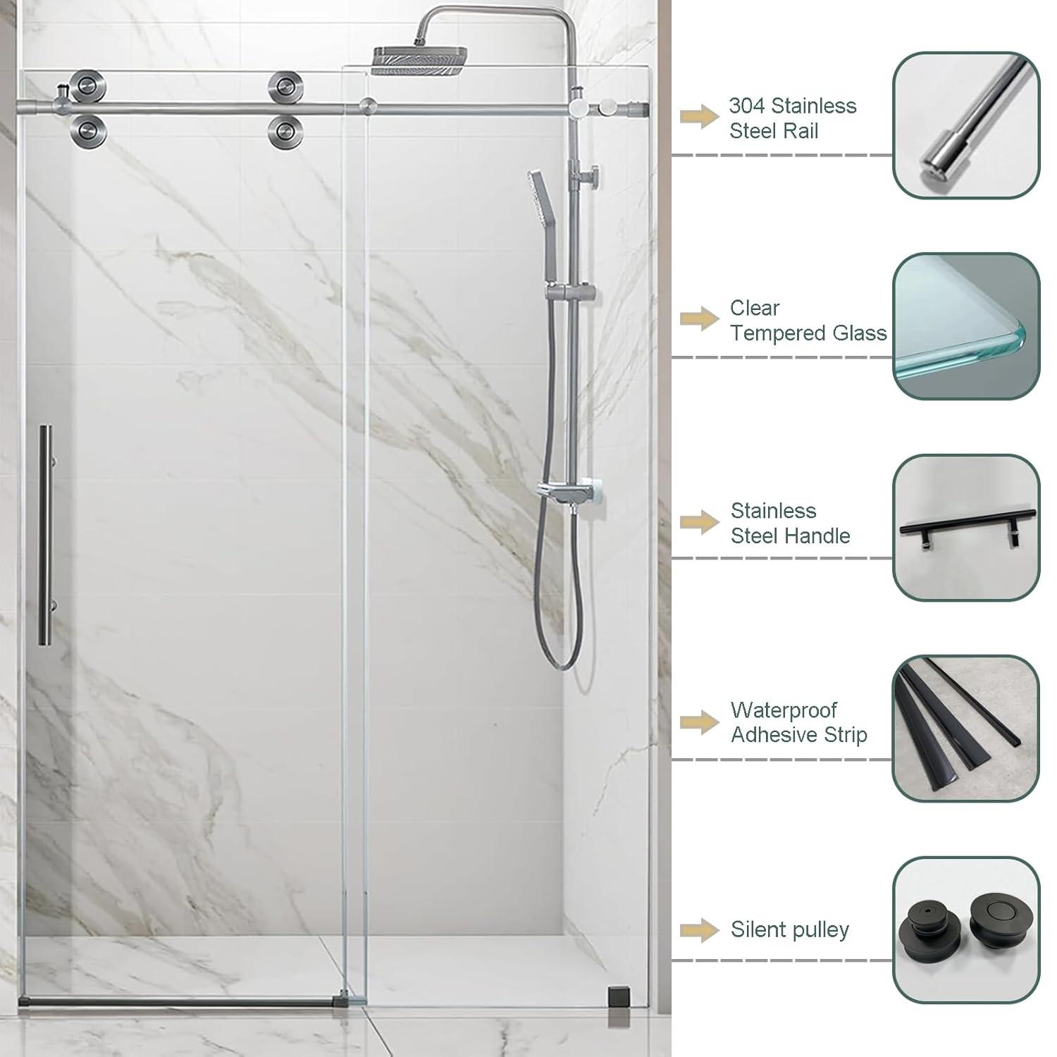 Frameless Sliding Shower Door, 76 x (44-48) Inch Frameless Shower Door, 5/16" (8mm) Clear Tempered Glass in Brushed Nickel Finish, Glass Shower Door