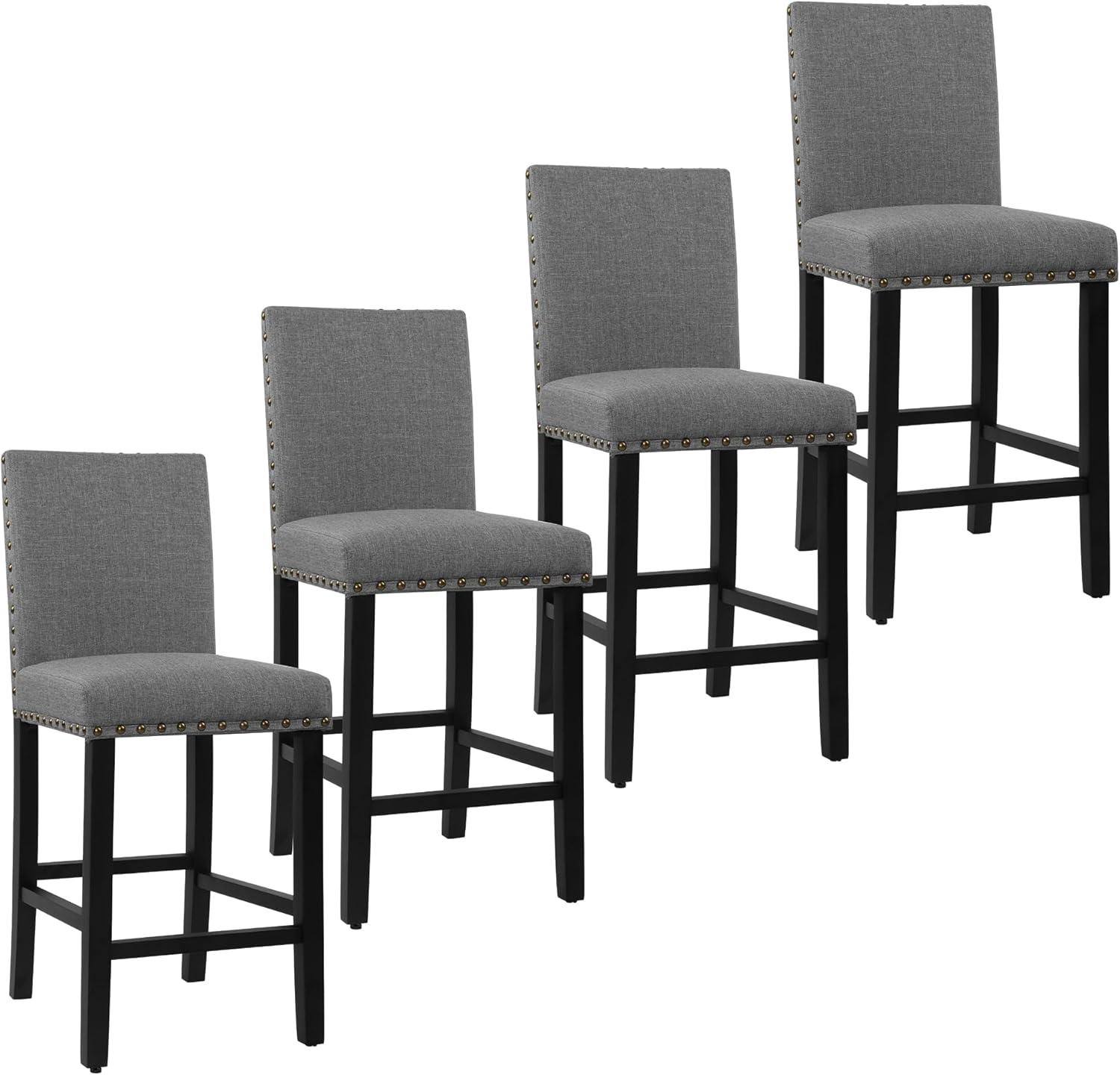 Set of 4 Gray Upholstered Counter Stools with Wood Legs