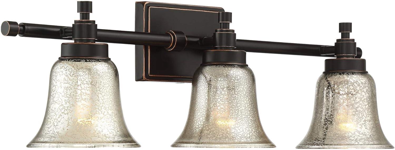 Possini Euro Design Varra Rustic Industrial Wall Light Bronze Hardwire 26 1/2" 3-Light Fixture Bell Mercury Glass Shade for Bedroom Bathroom Vanity