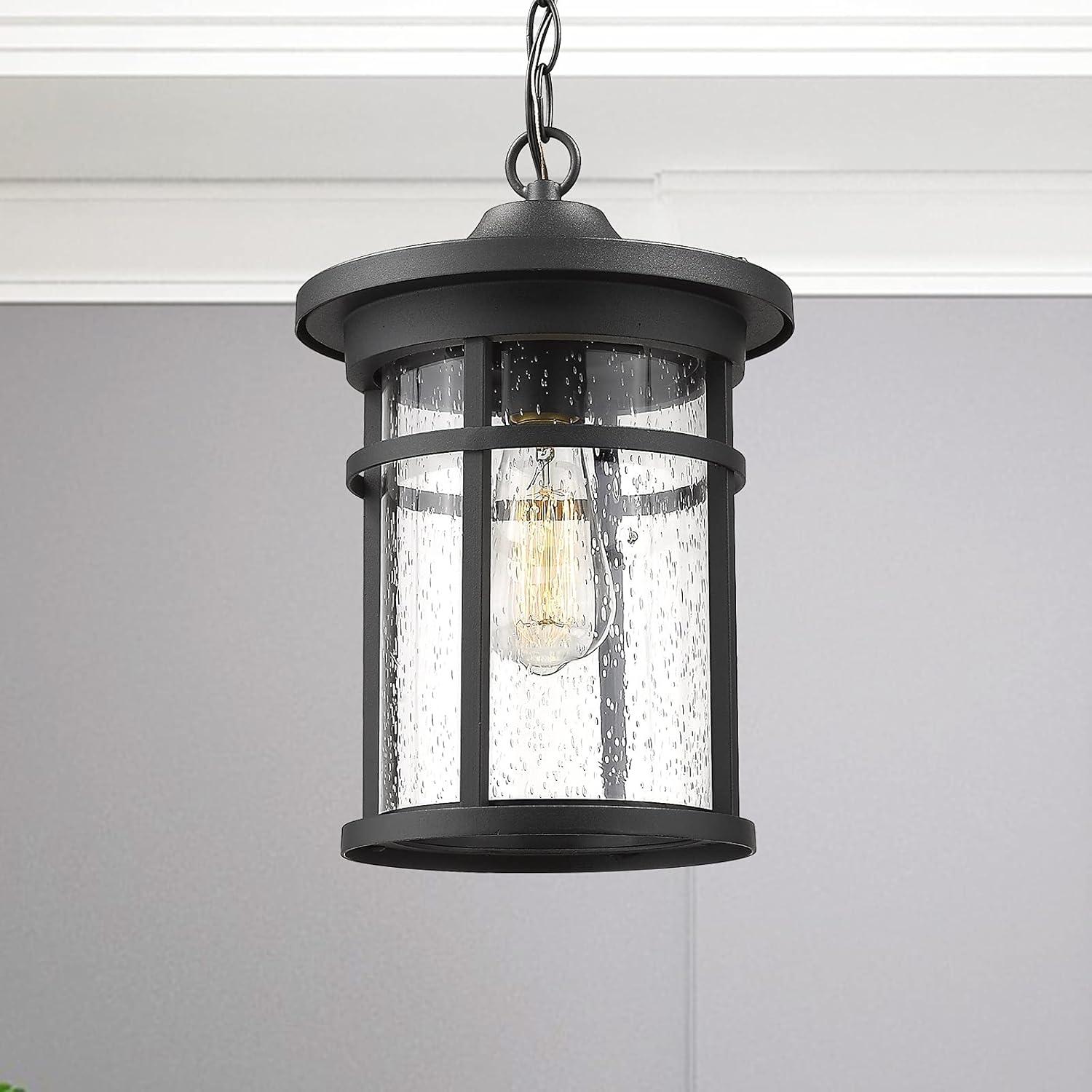 Black Seeded Glass Outdoor Hanging Lantern Light