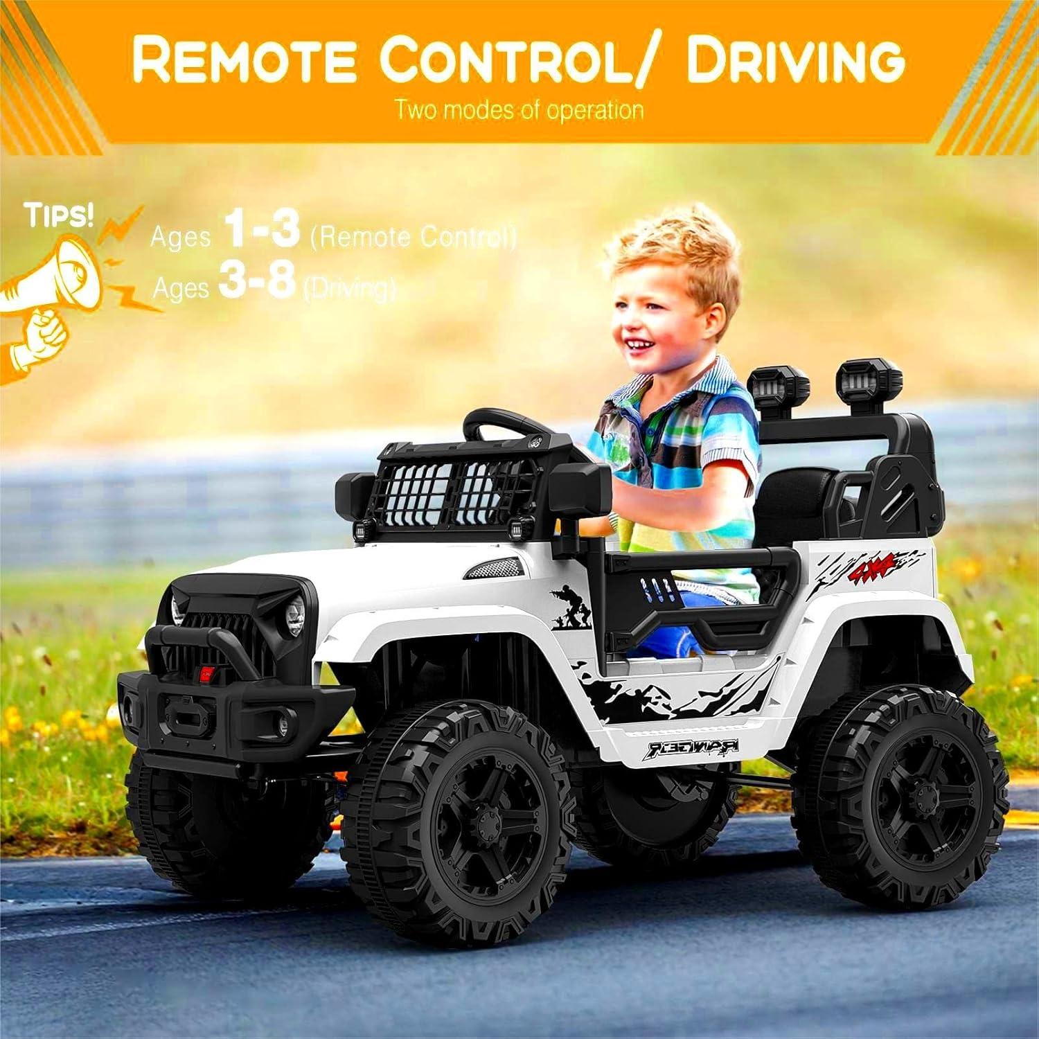 Hetoy Ride on Truck Car 12V Kids Electric Vehicles with Remote Control Spring Suspension, LED Lights, 2 Speeds