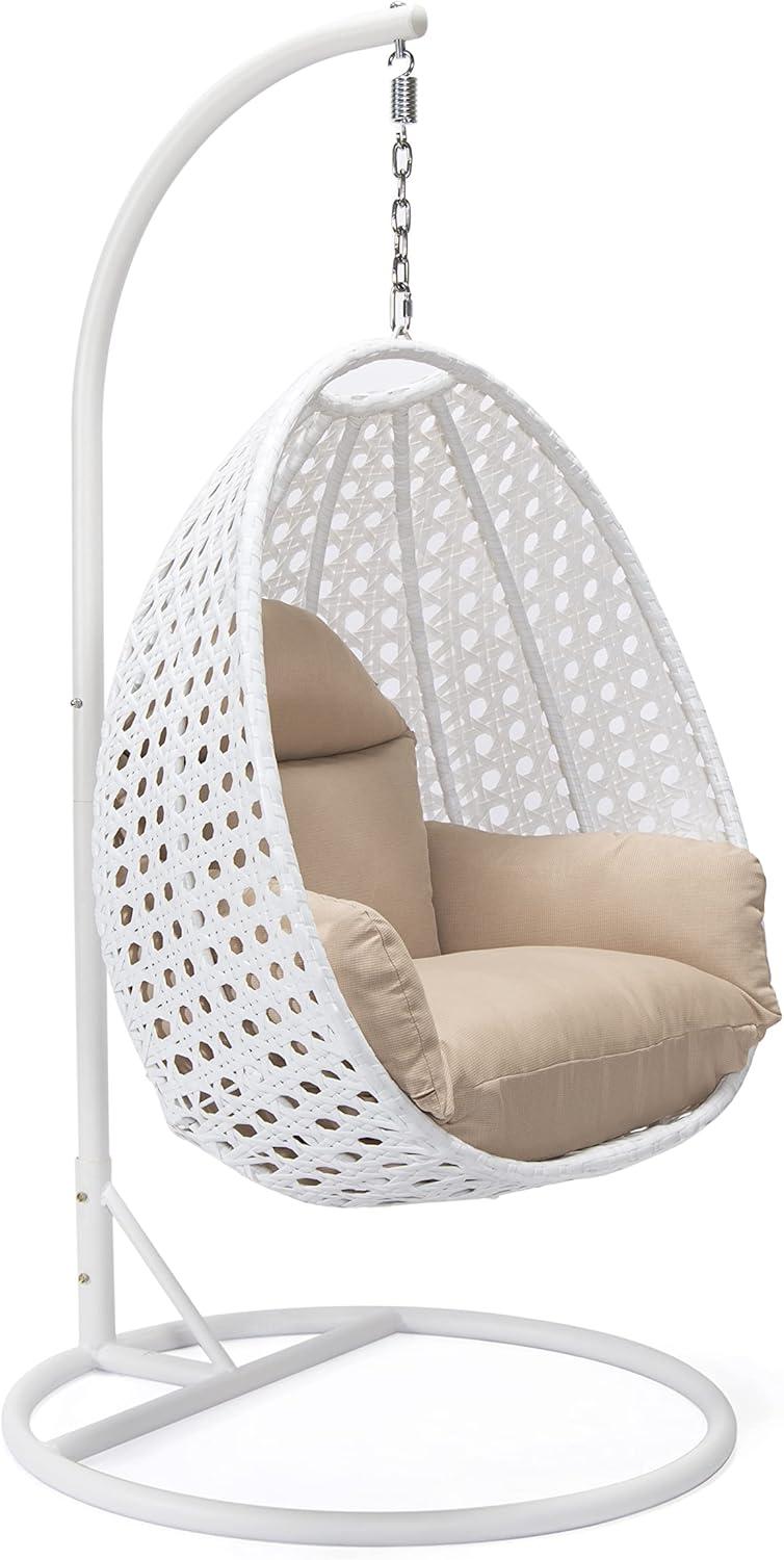 LeisureMod White Wicker Indoor Outdoor Bedroom Patio Hanging Egg Swing Chair with Stand and Cushion Beige