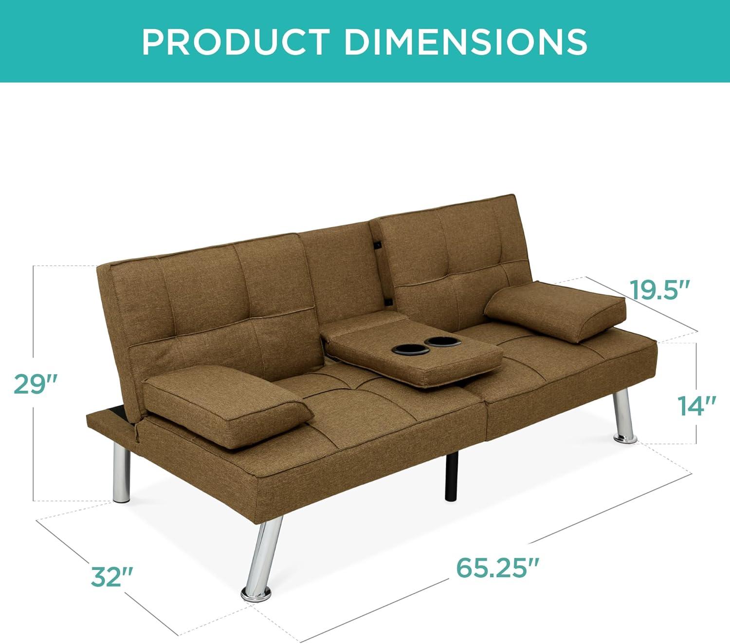 Best Choice Products Modern Linen Convertible Futon Sofa Bed w/ Removable Armrests, Metal Legs, Cupholders - Brown