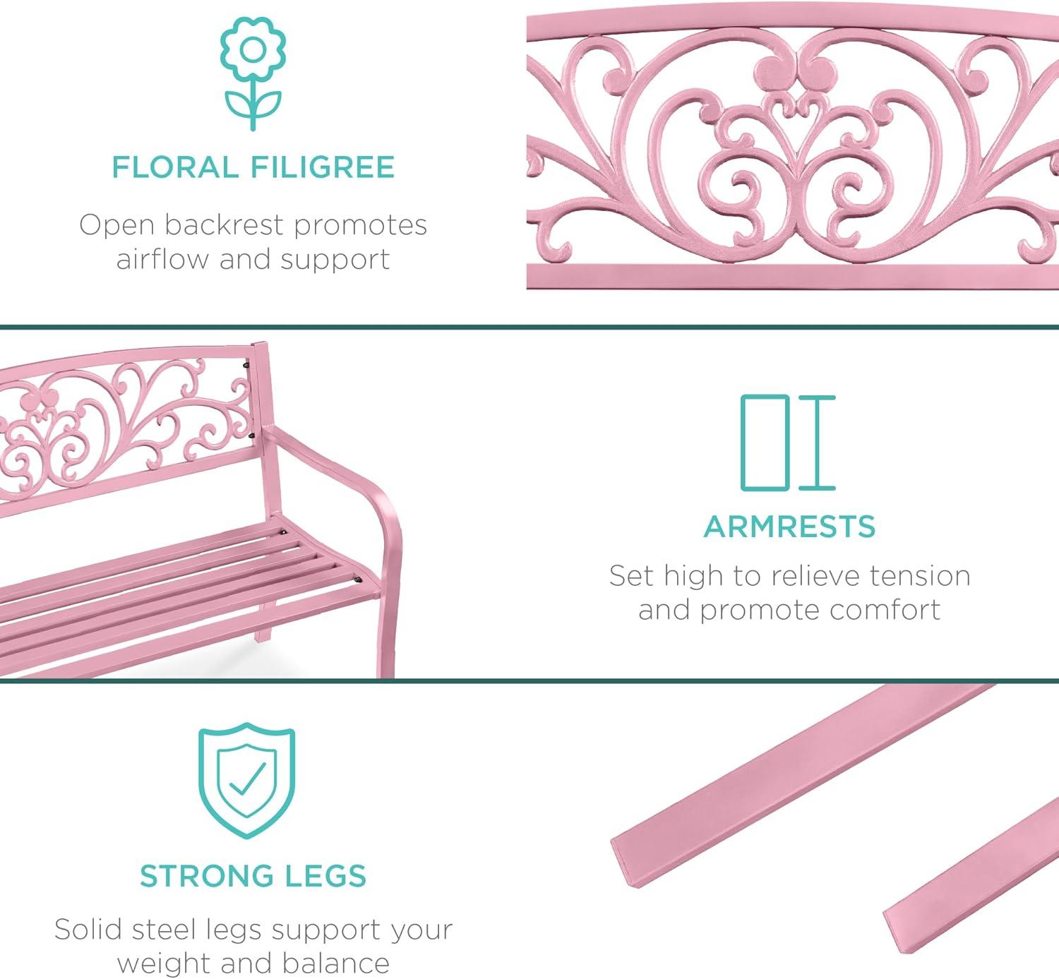 World Menagerie Outdoor Steel Bench with Floral Backrest & Slatted Seat, Marigold for Garden, Patio, Porch, Lawn, and Deck