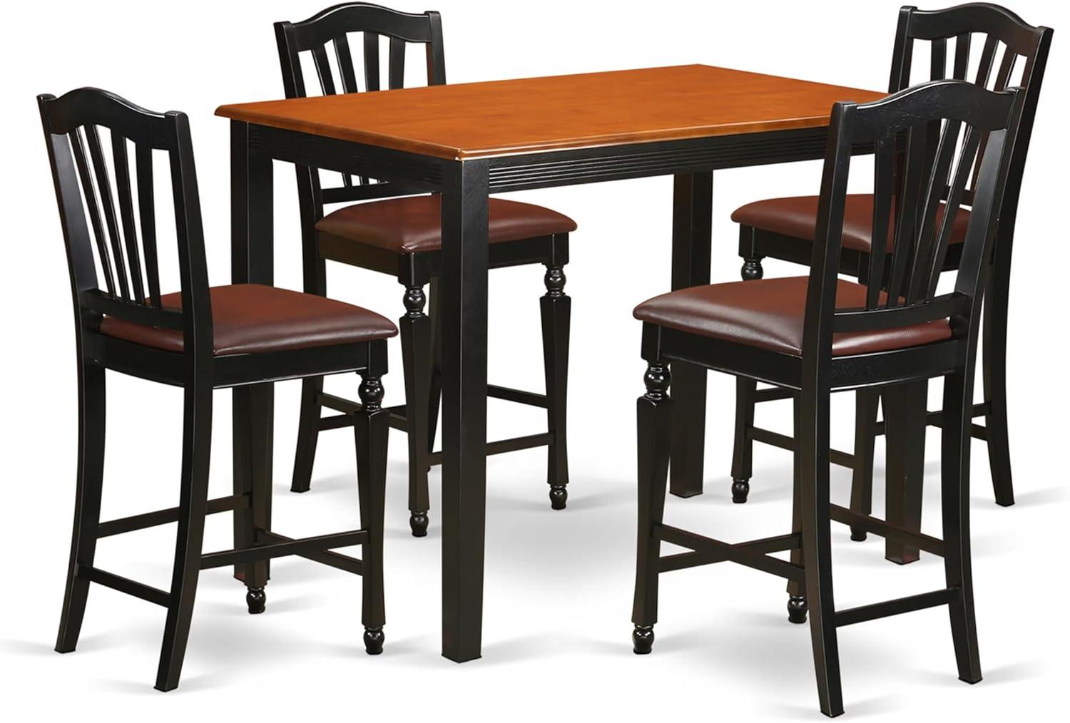 East West Furniture YACH5-BLK-LC 5 Piece Counter Height Pub Set Includes a Rectangle Dining Room Table and 4 Faux Leather Upholstered Kitchen Chairs, 30x48 Inch, Black & Cherry
