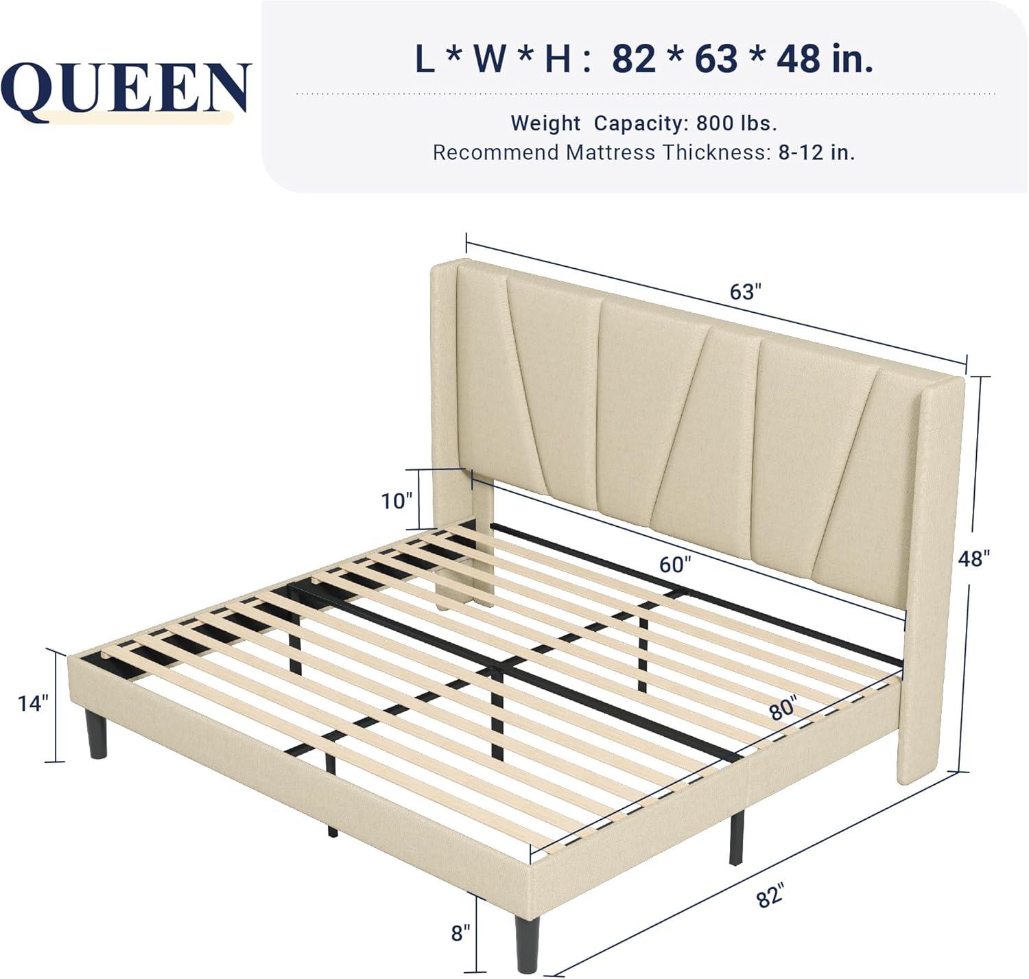 Queen Size Platform Bed Frame with Geometric Wingback Headboard, Modern Upholstered Bed with Wooden Slats Support, No Box Spring Needed, Easy Assembly, Beige